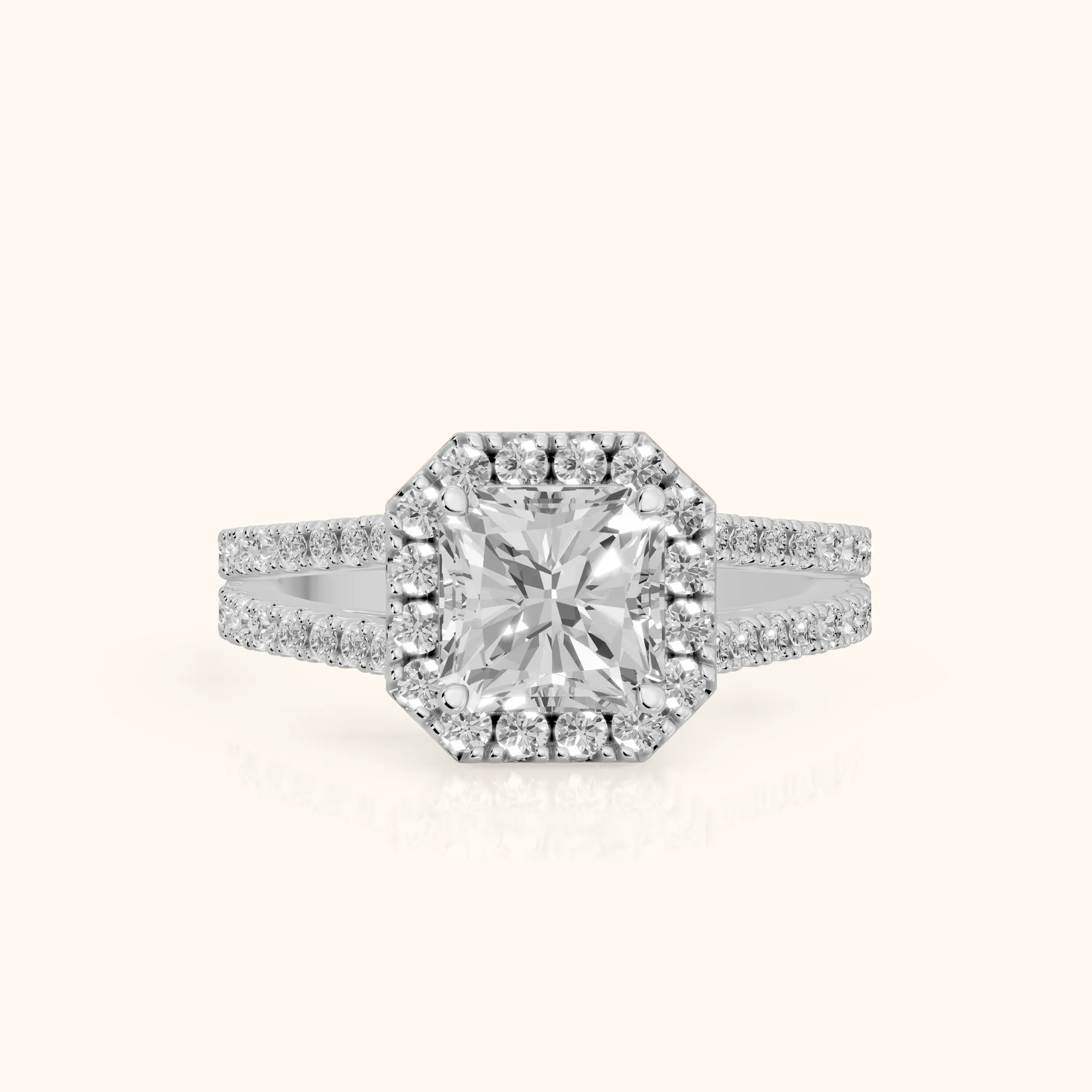 Kira Halo Split Shank Radiant Diamond Engagement Ring in Silver — view 1