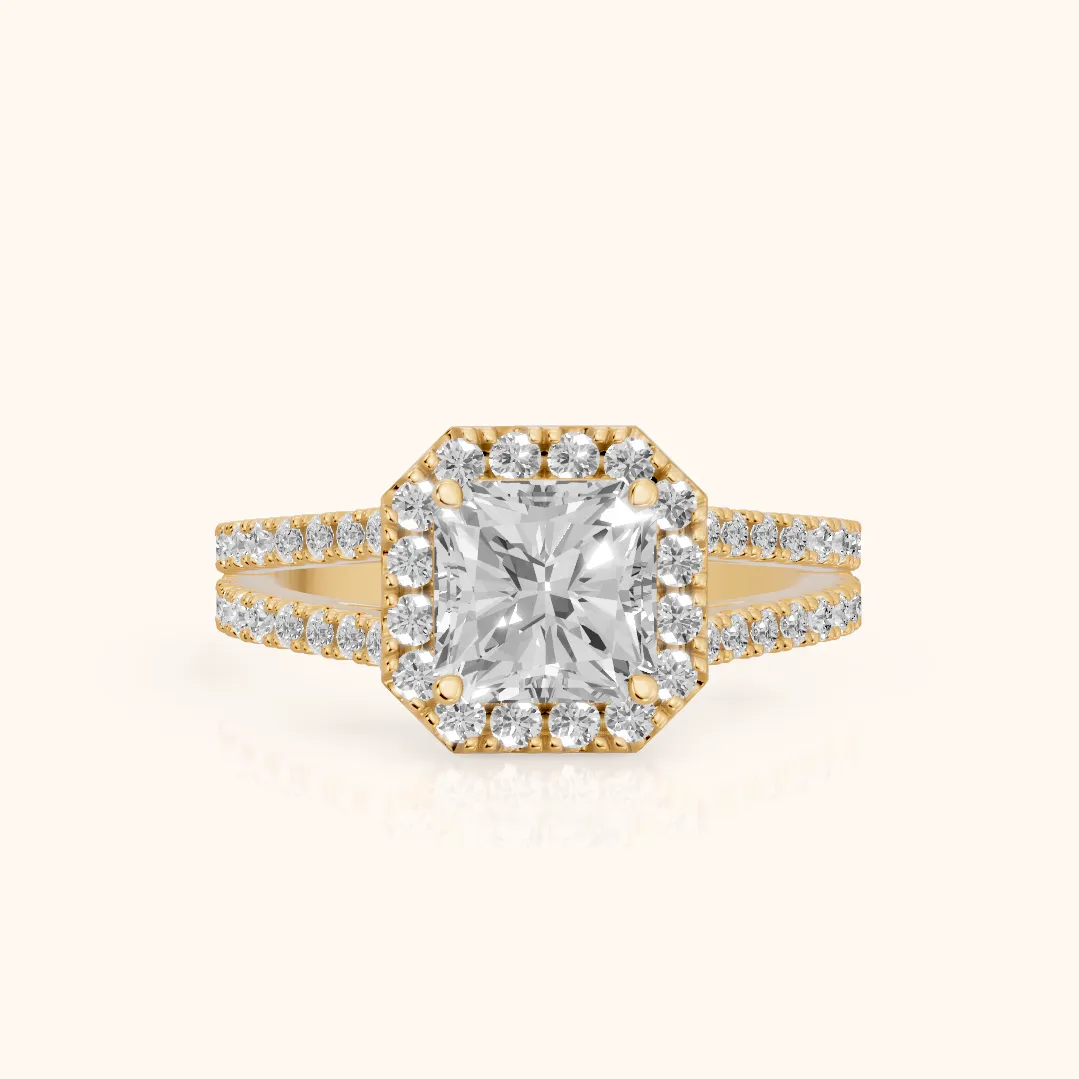 Kira Halo Split Shank Radiant Diamond Engagement Ring in Yellow Gold — view 2