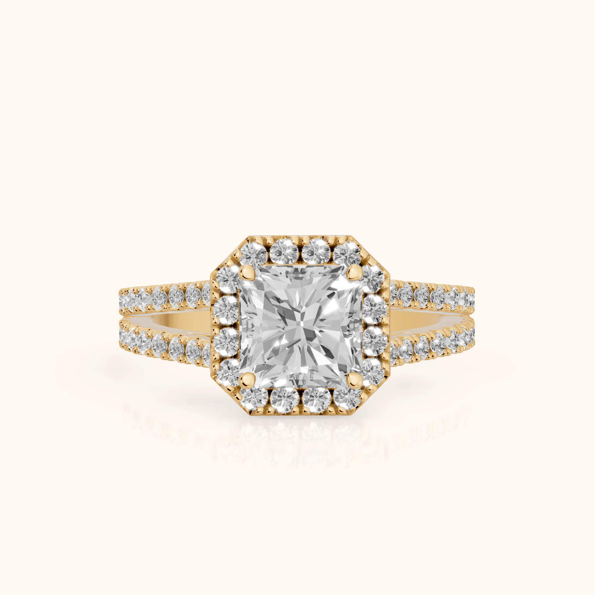 Kira Halo Split Shank Radiant Diamond Engagement Ring in Yellow Gold — view 1