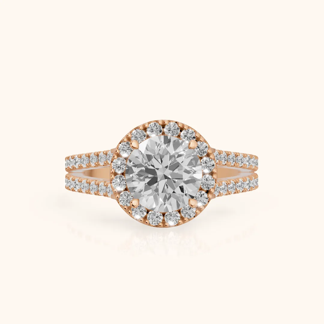 Kira Halo Split Shank Round Diamond Engagement Ring in Rose Gold — view 2