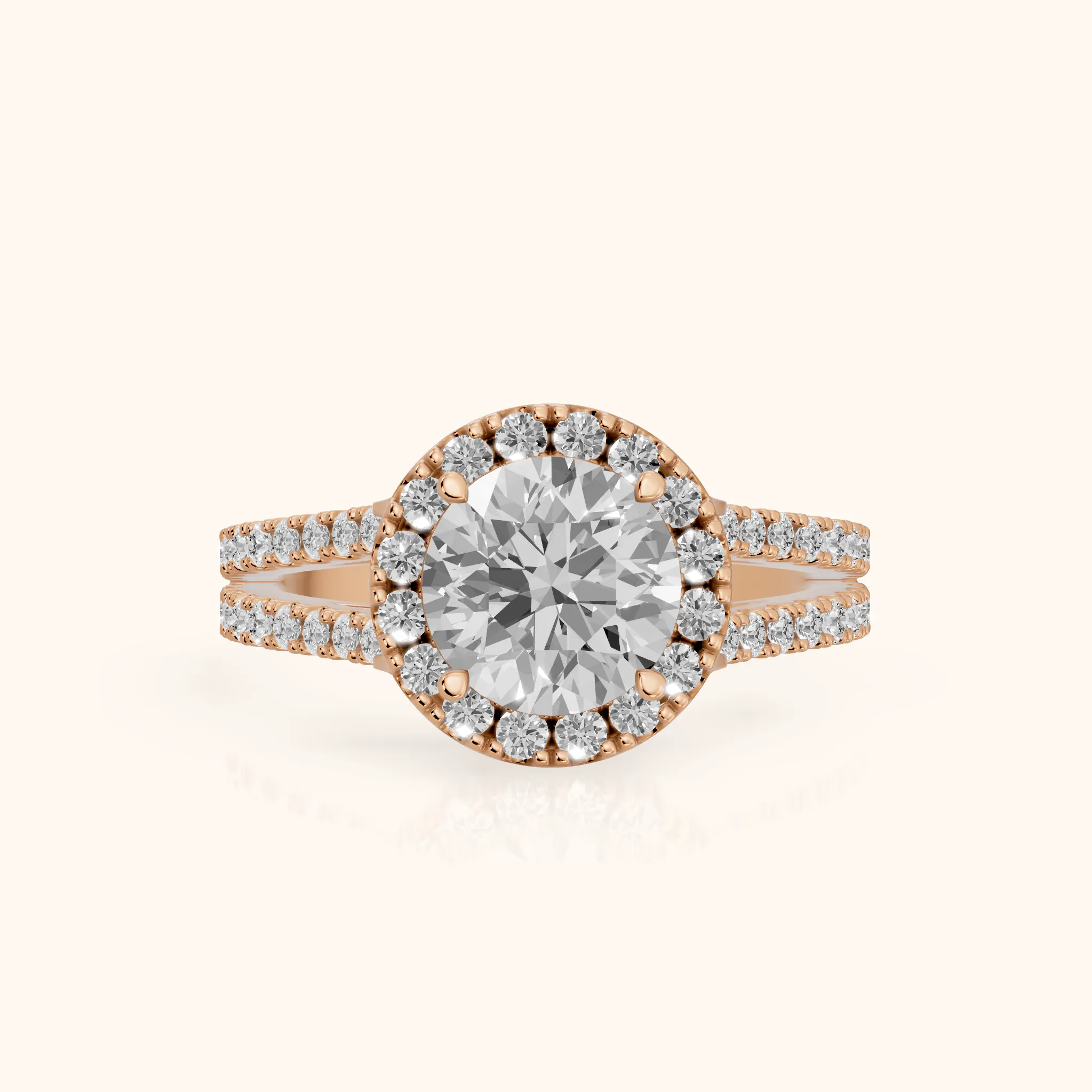 Kira Halo Split Shank Round Diamond Engagement Ring in Rose Gold — view 1