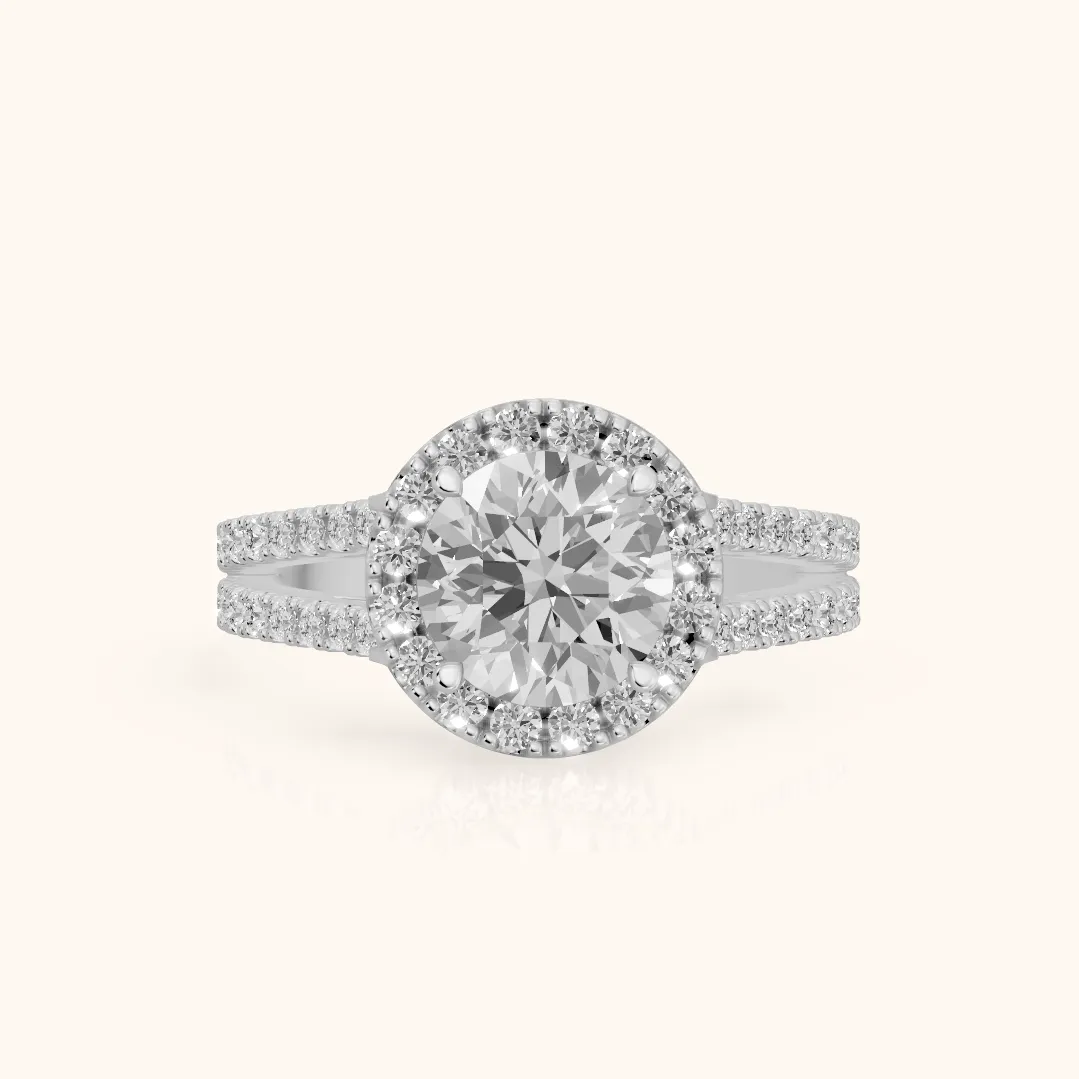 Kira Halo Split Shank Round Diamond Engagement Ring in Silver — view 2