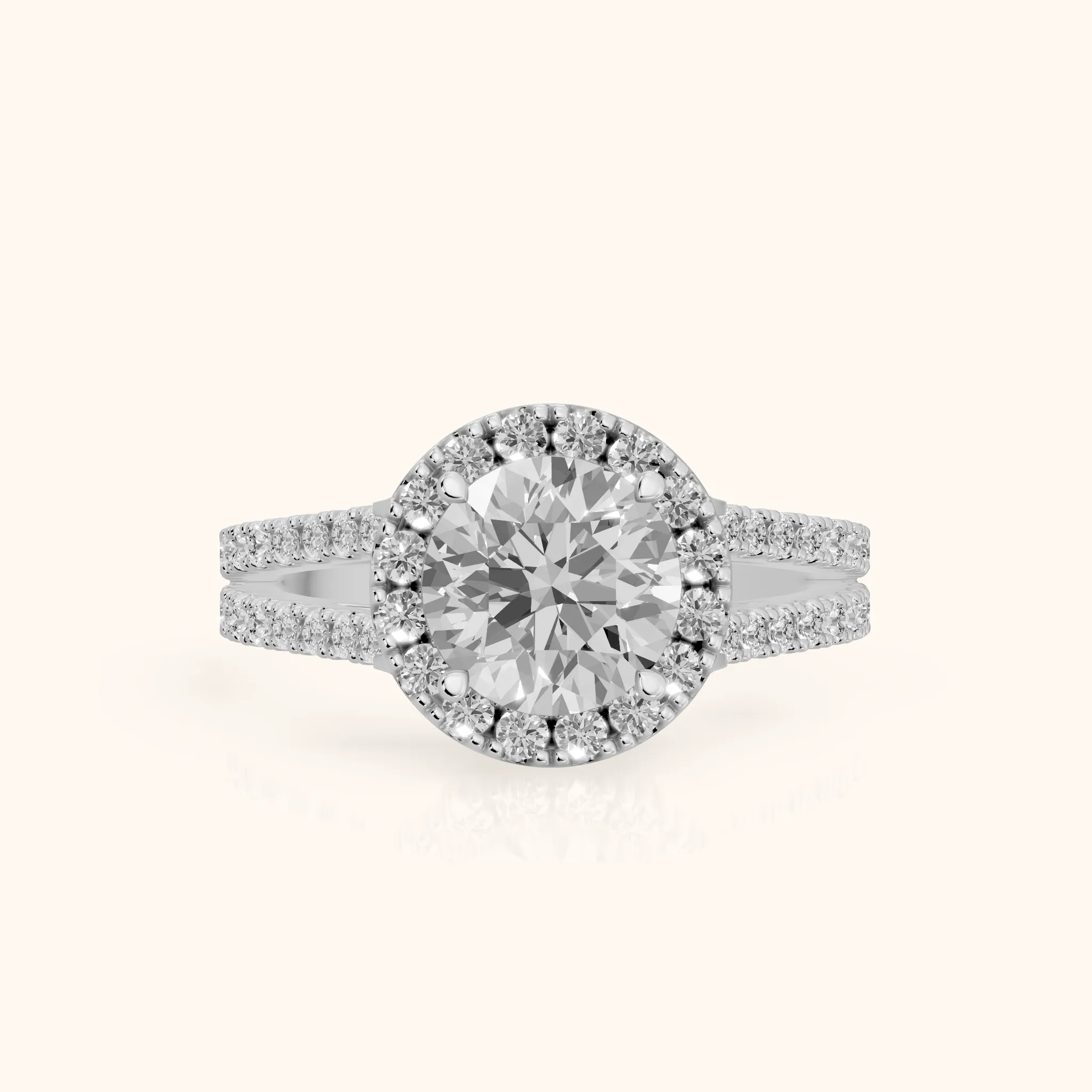 Kira Halo Split Shank Round Diamond Engagement Ring in Silver — view 1
