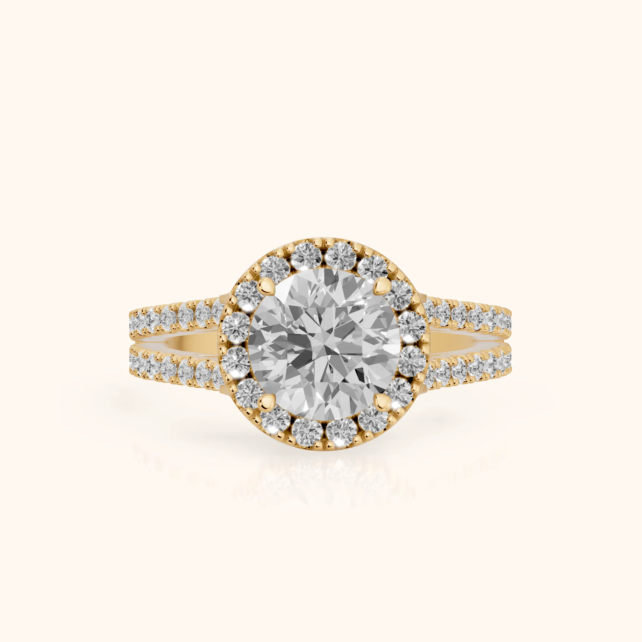 Kira Halo Split Shank Round Diamond Engagement Ring in Yellow Gold — view 1