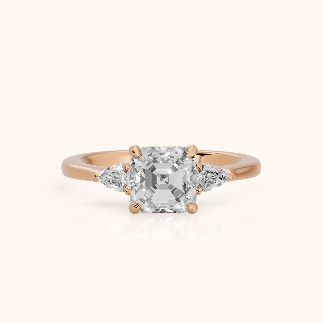 Leila Three-Stone Asscher Diamond Engagement Ring in Rose Gold — view 2
