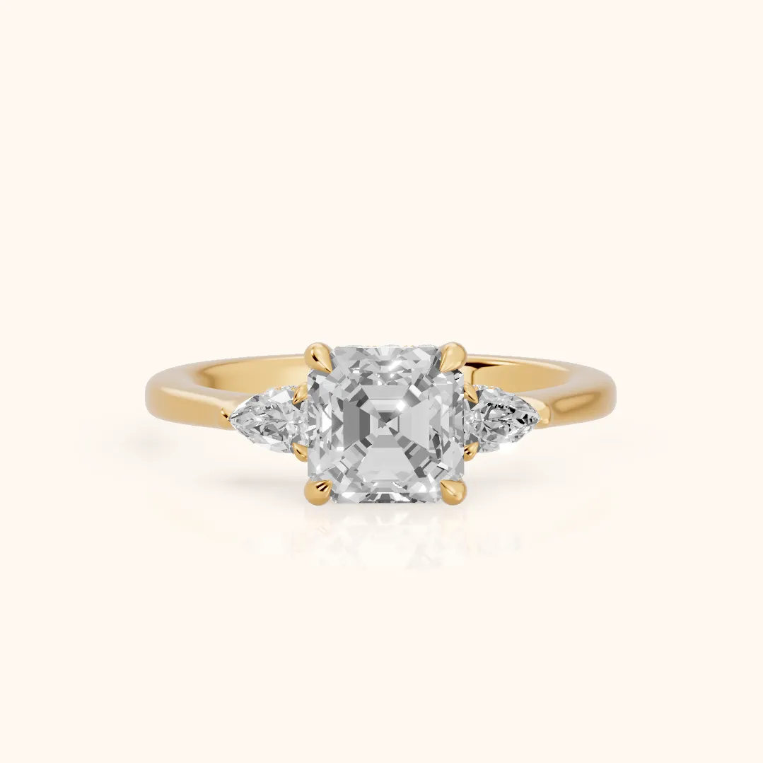 Leila Three-Stone Asscher Diamond Engagement Ring in Yellow Gold — view 2