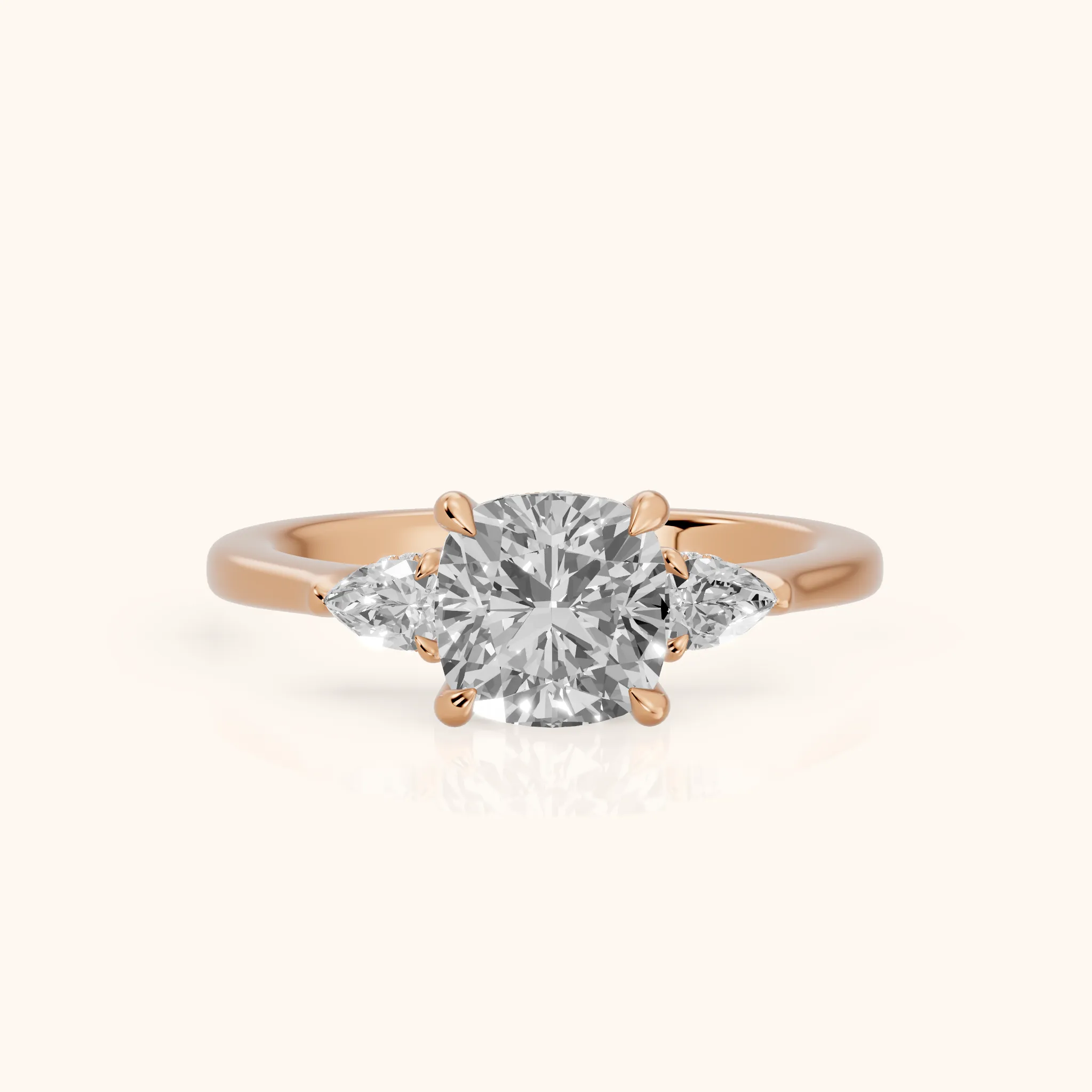 Leila Three-Stone Cushion Diamond Engagement Ring in Rose Gold — view 1