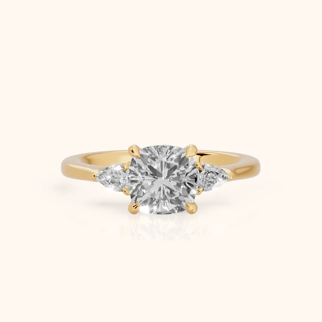Leila Three-Stone Cushion Diamond Engagement Ring in Yellow Gold — view 2