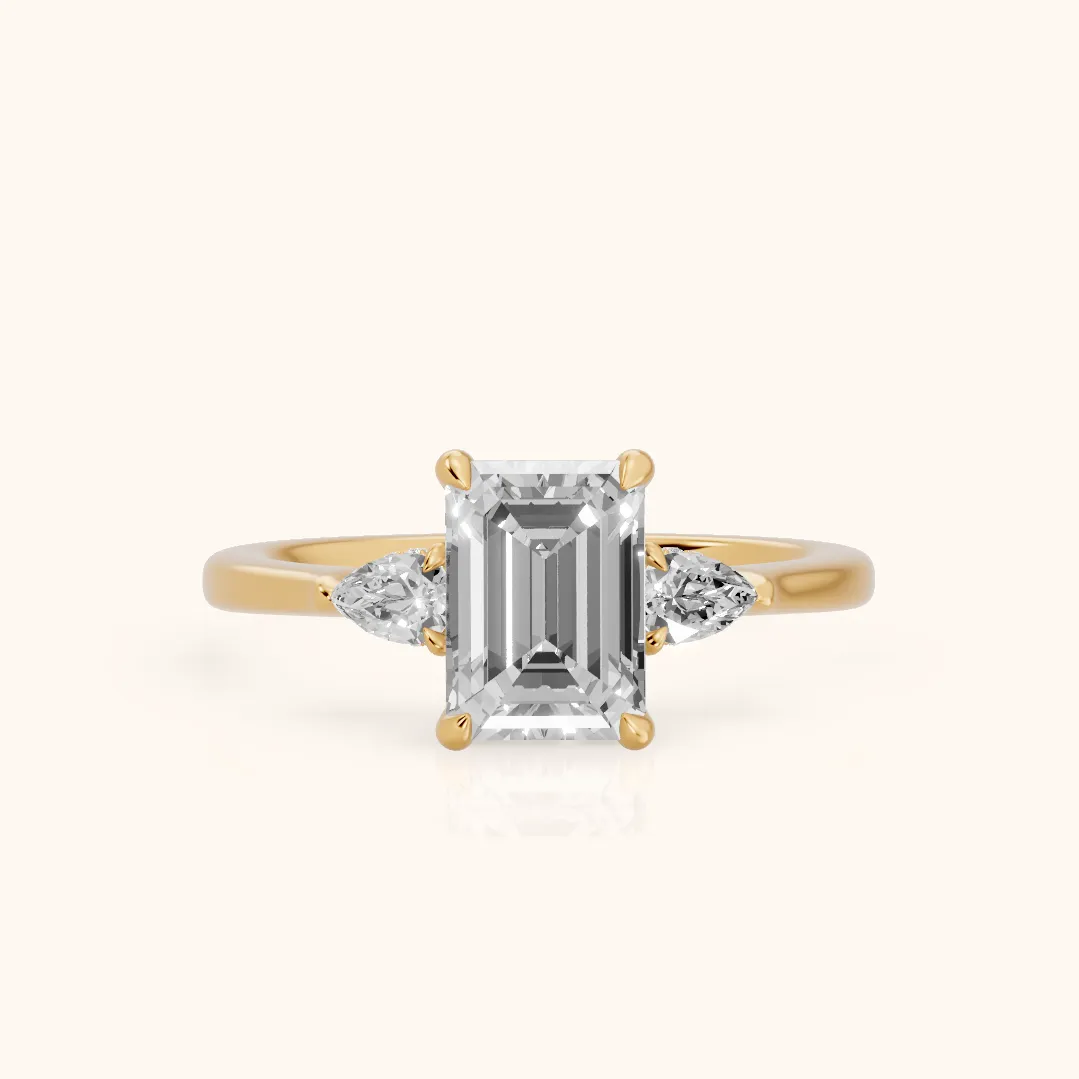 Leila Three-Stone Emerald Diamond Engagement Ring in Yellow Gold — view 2