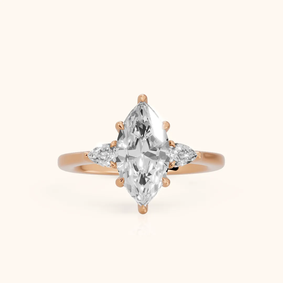 Leila Three-Stone Marquise Diamond Engagement Ring in Rose Gold — view 2