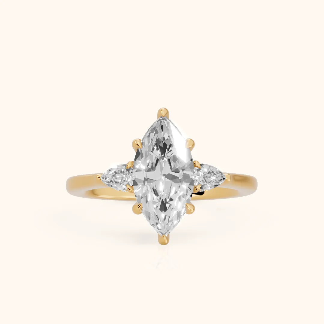 Leila Three-Stone Marquise Diamond Engagement Ring in Yellow Gold — view 2