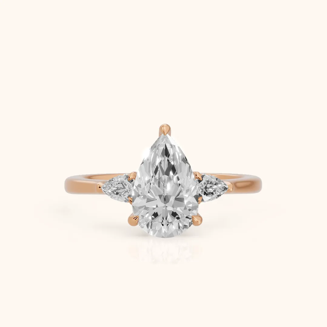 Leila Three-Stone Pear Diamond Engagement Ring in Rose Gold — view 2
