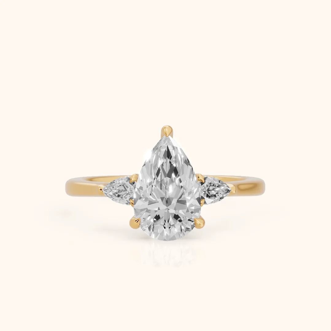 Leila Three-Stone Pear Diamond Engagement Ring in Yellow Gold — view 2