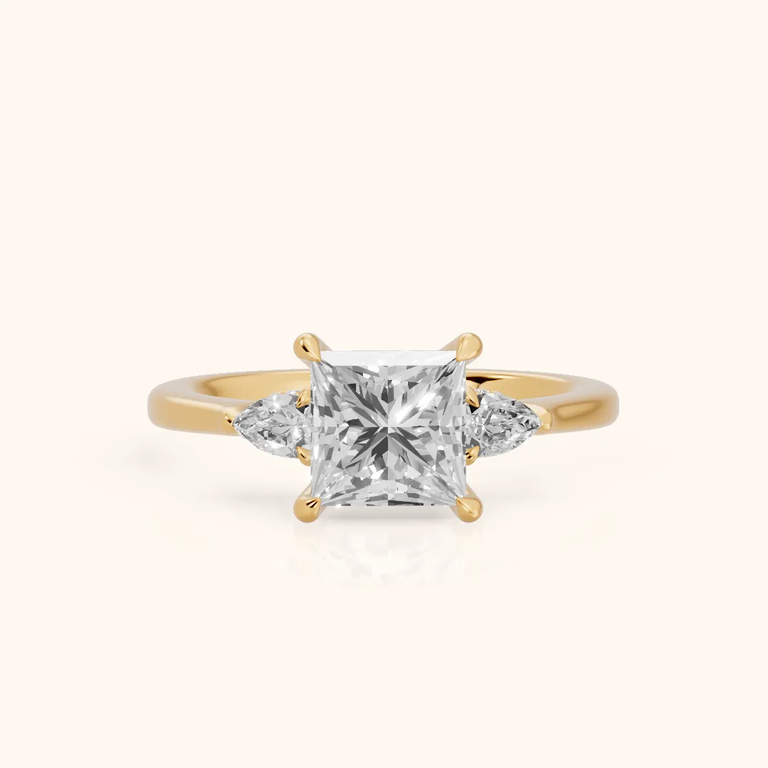 Leila Three-Stone Princess Diamond Engagement Ring in Yellow Gold — view 2