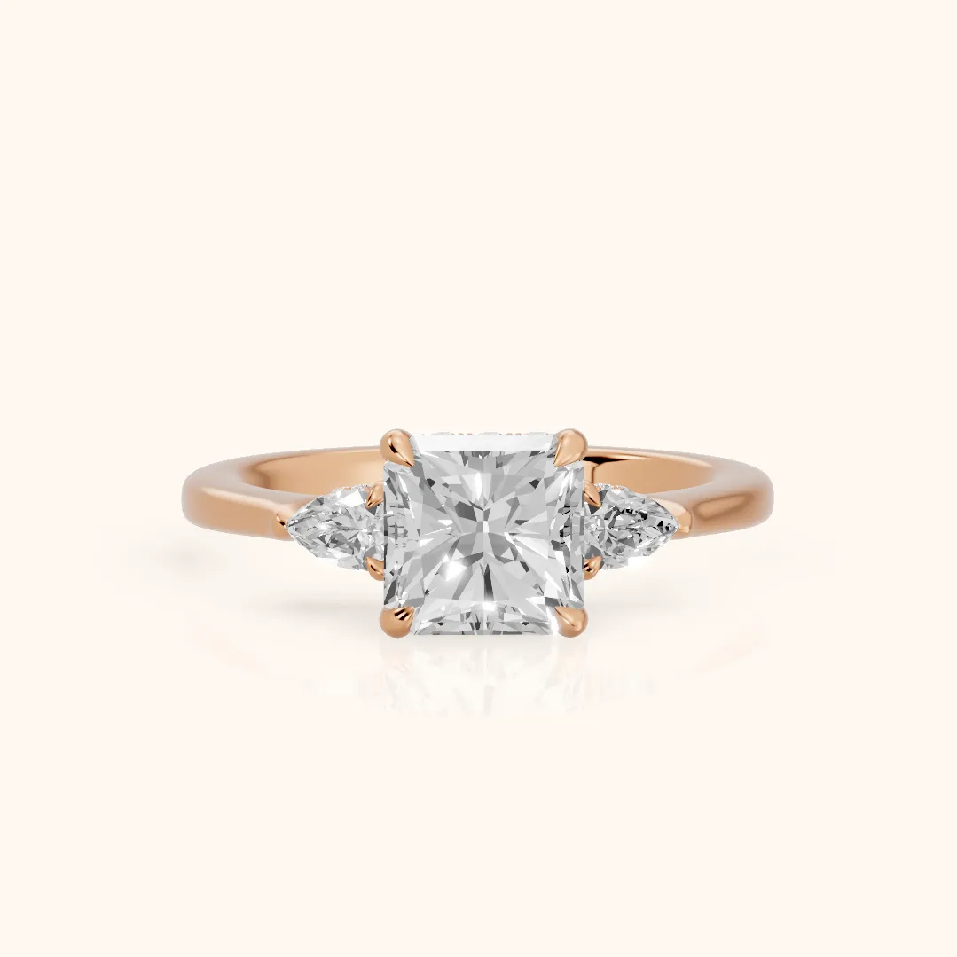 Leila Three-Stone Radiant Diamond Engagement Ring in Rose Gold — view 2