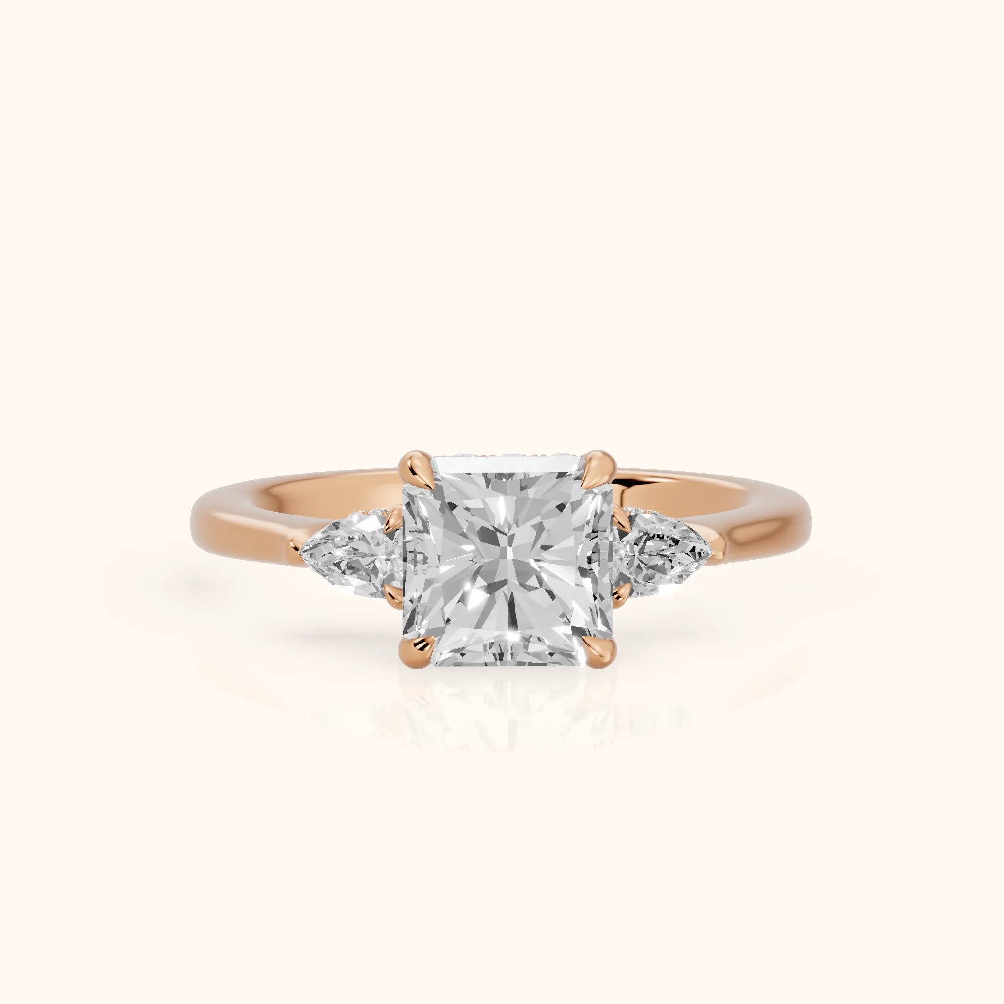 Leila Three-Stone Radiant Diamond Engagement Ring in Rose Gold — view 1
