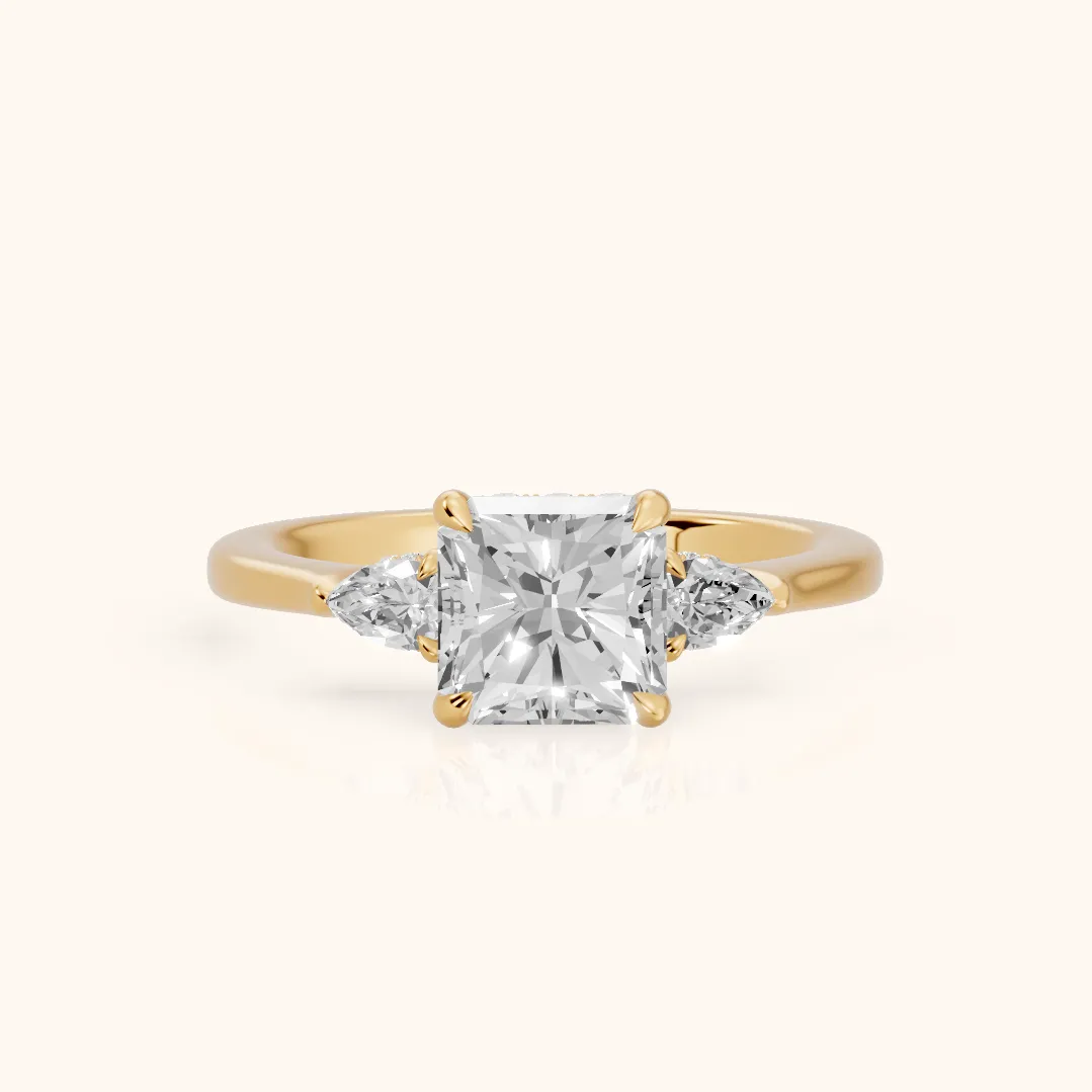 Leila Three-Stone Radiant Diamond Engagement Ring in Yellow Gold — view 2
