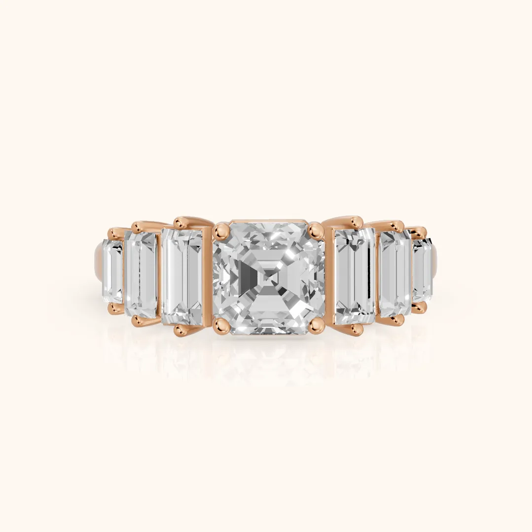 Mara Sidestone Baguette Accent Asscher Diamond Engagement Ring in Rose Gold — view 2