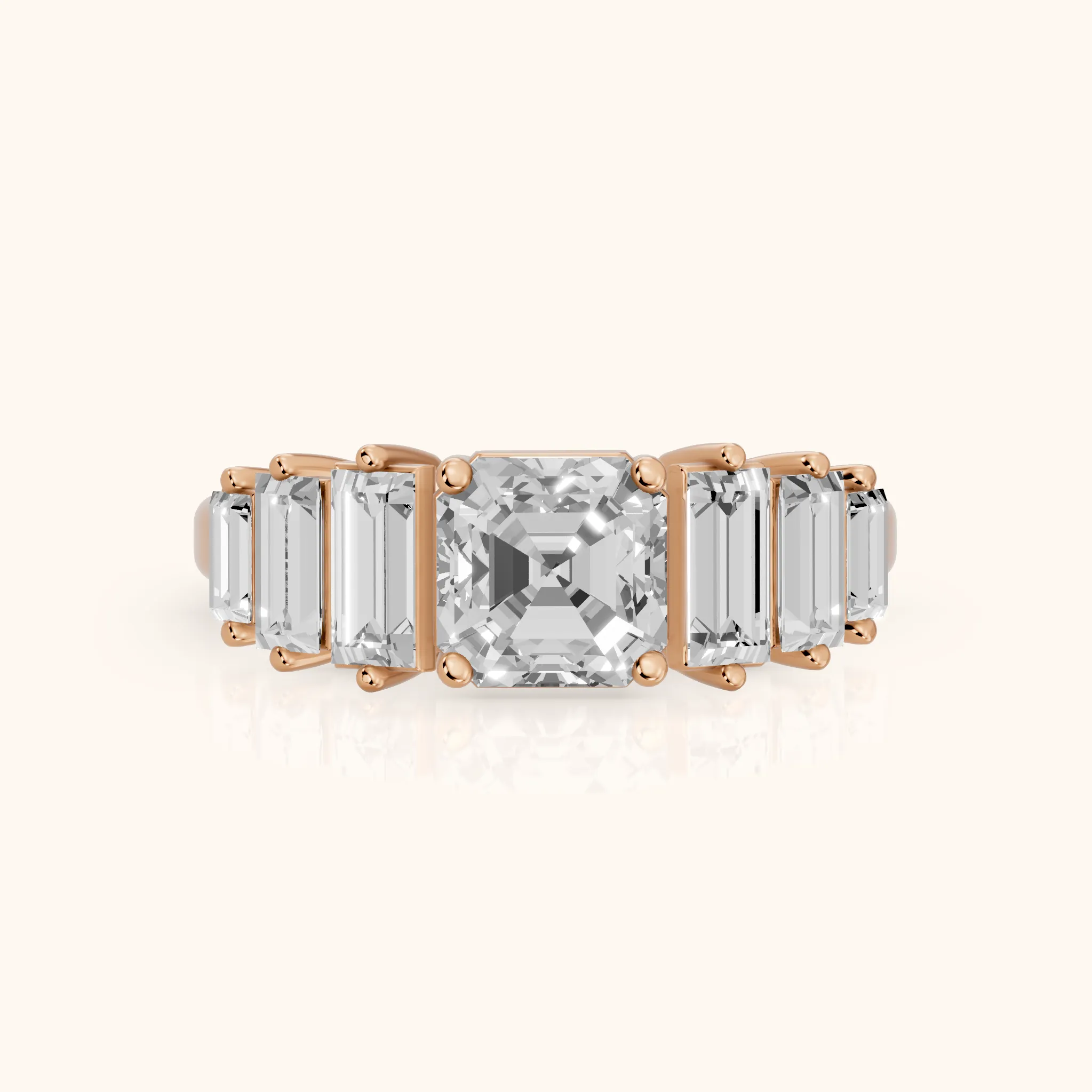 Mara Sidestone Baguette Accent Asscher Diamond Engagement Ring in Rose Gold — view 1