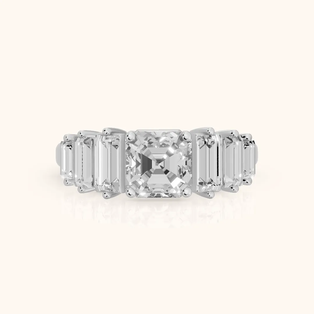 Mara Sidestone Baguette Accent Asscher Diamond Engagement Ring in Silver — view 2