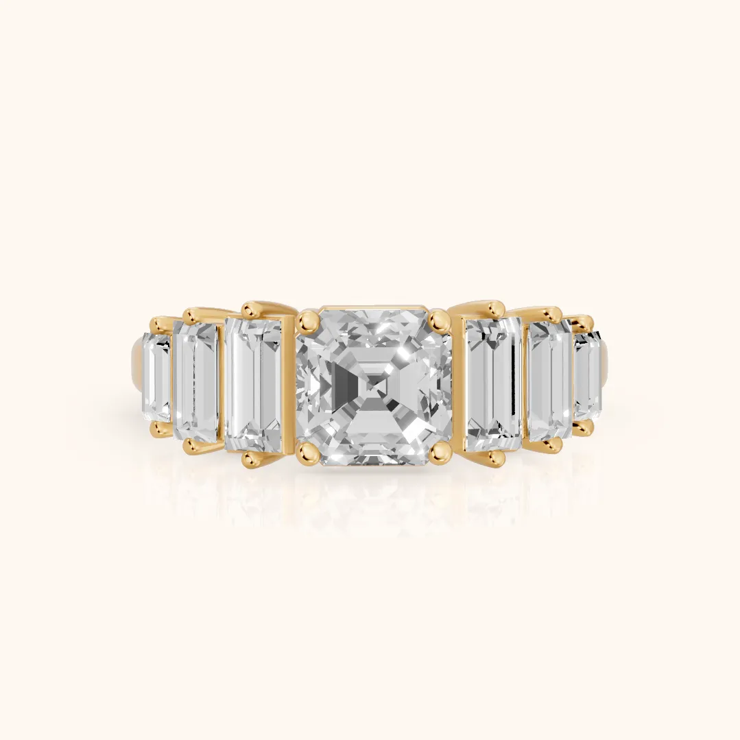 Mara Sidestone Baguette Accent Asscher Diamond Engagement Ring in Yellow Gold — view 2