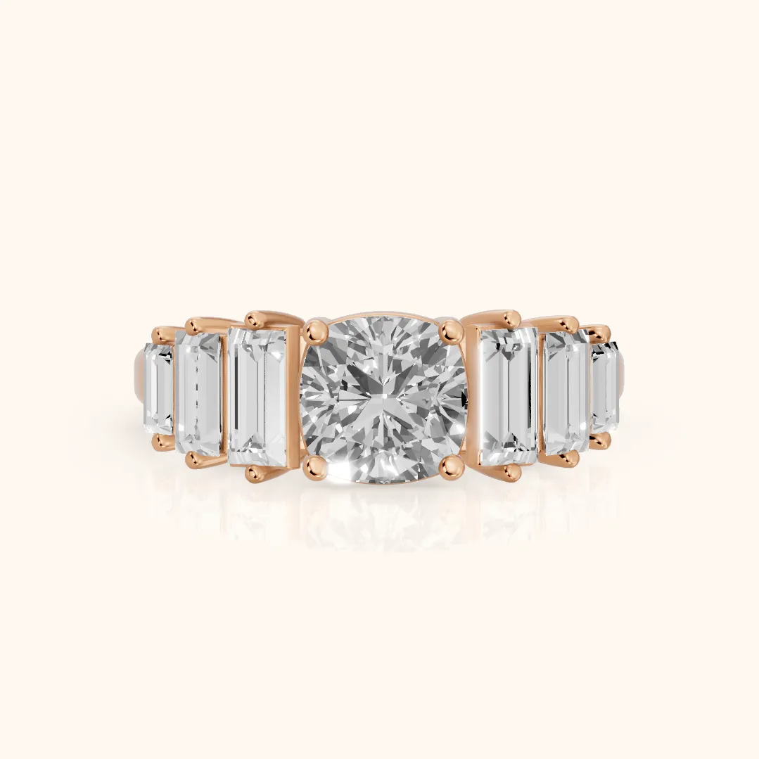 Mara Sidestone Baguette Accent Cushion Diamond Engagement Ring in Rose Gold — view 2