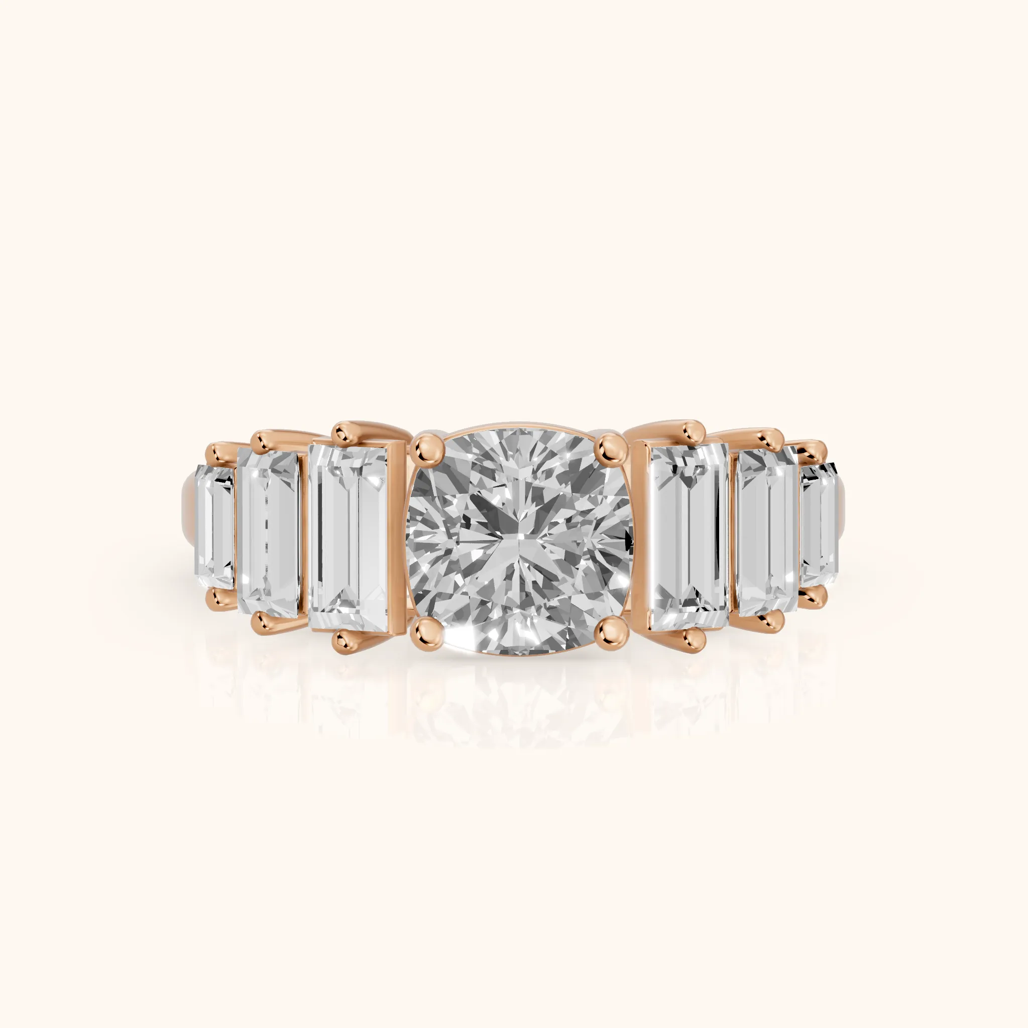 Mara Sidestone Baguette Accent Cushion Diamond Engagement Ring in Rose Gold — view 1