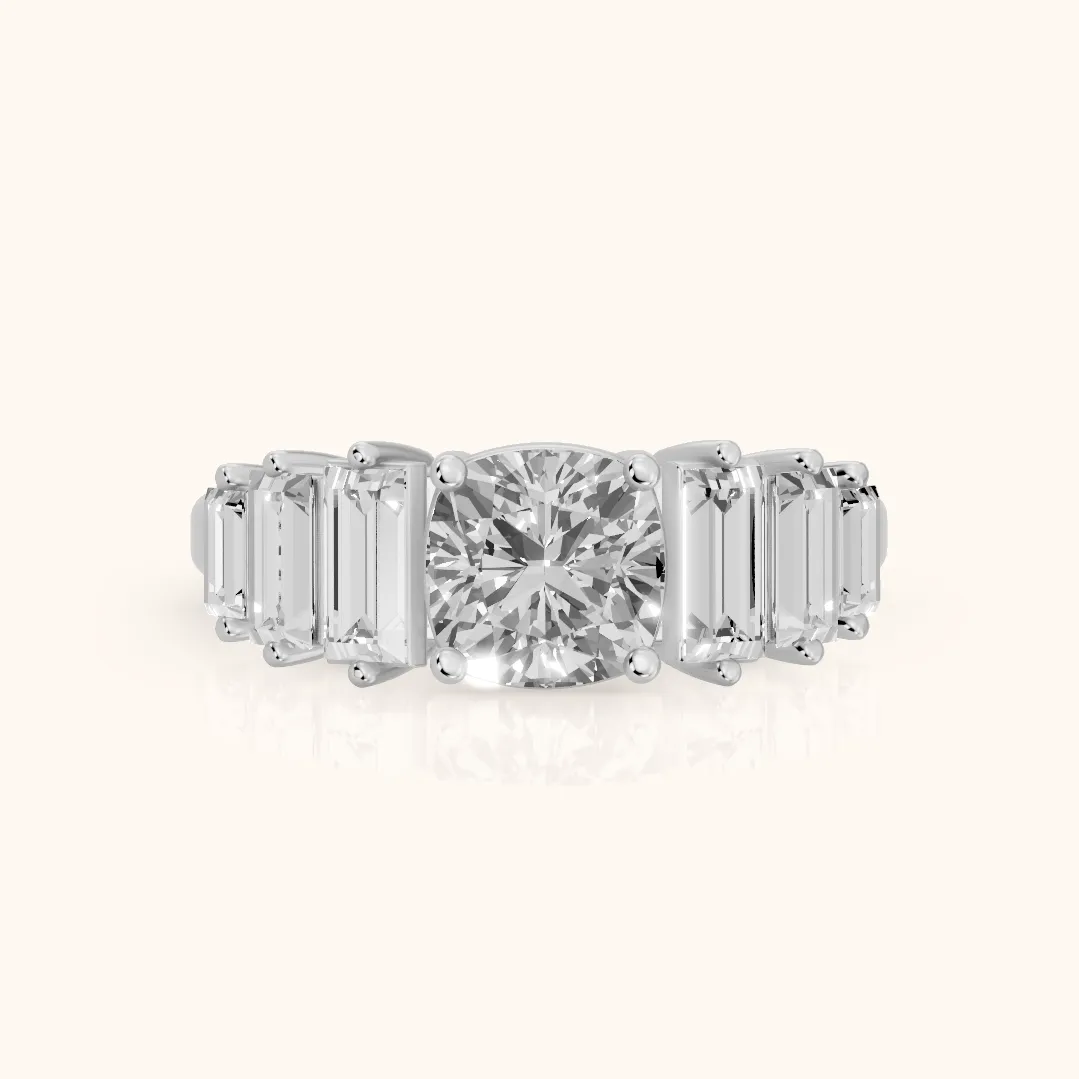 Mara Sidestone Baguette Accent Cushion Diamond Engagement Ring in Silver — view 2