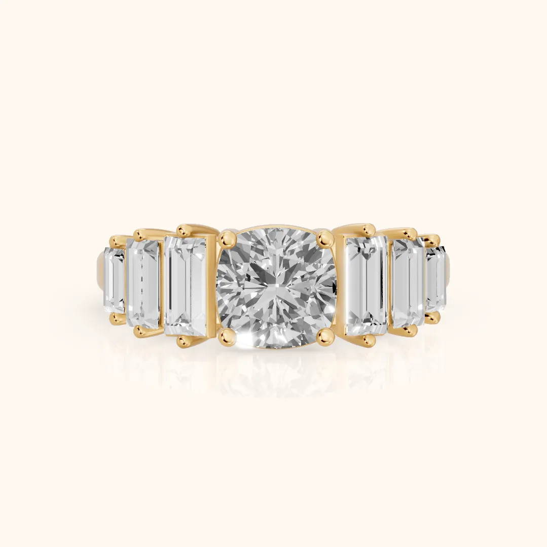 Mara Sidestone Baguette Accent Cushion Diamond Engagement Ring in Yellow Gold — view 2