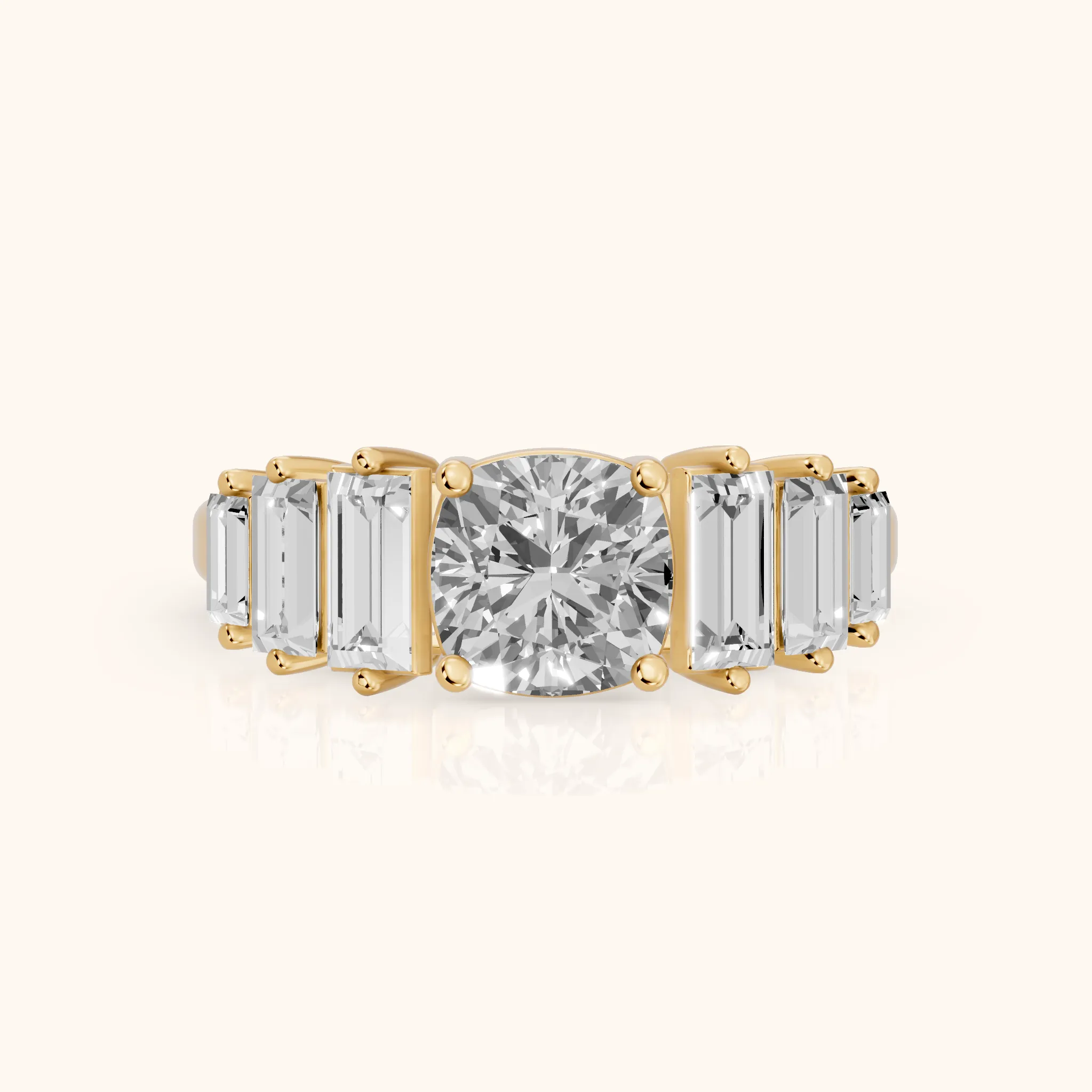 Mara Sidestone Baguette Accent Cushion Diamond Engagement Ring in Yellow Gold — view 1
