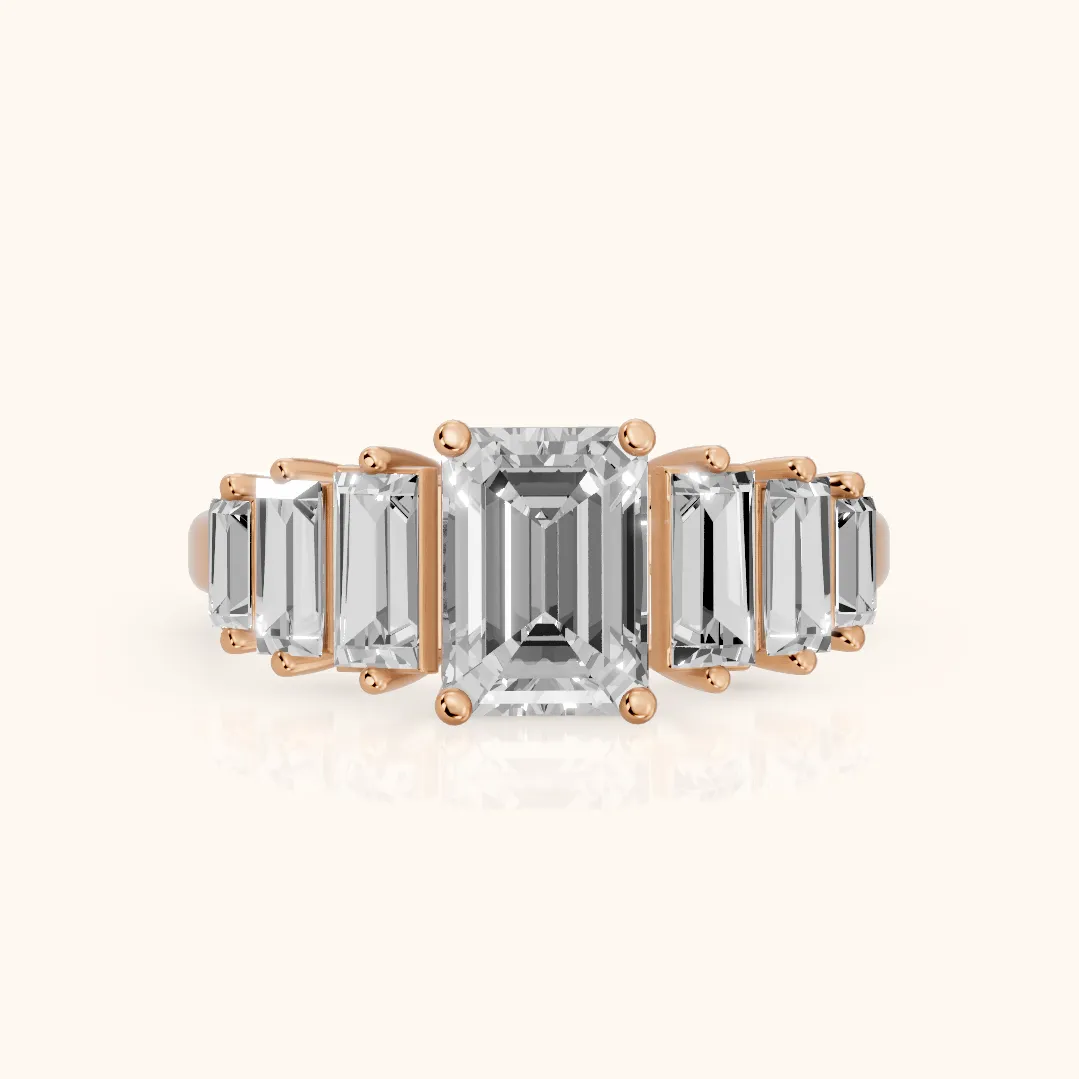 Mara Sidestone Baguette Accent Emerald Diamond Engagement Ring in Rose Gold — view 2