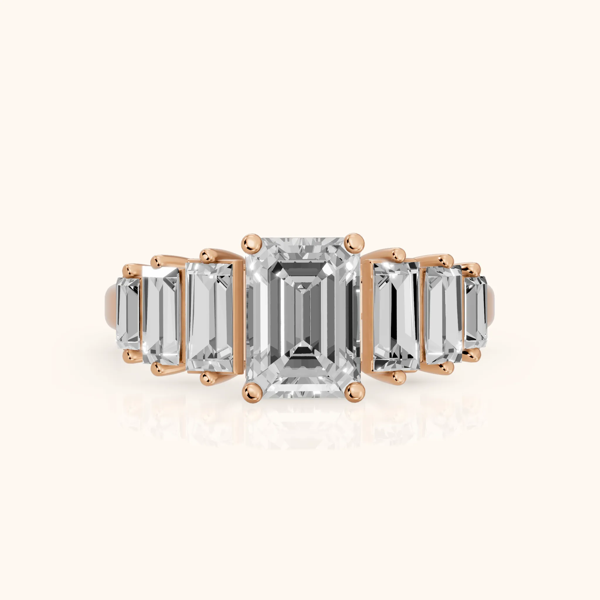 Mara Sidestone Baguette Accent Emerald Diamond Engagement Ring in Rose Gold — view 1