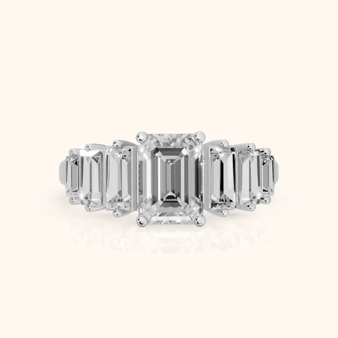 Mara Sidestone Baguette Accent Emerald Diamond Engagement Ring in White Gold — view 2