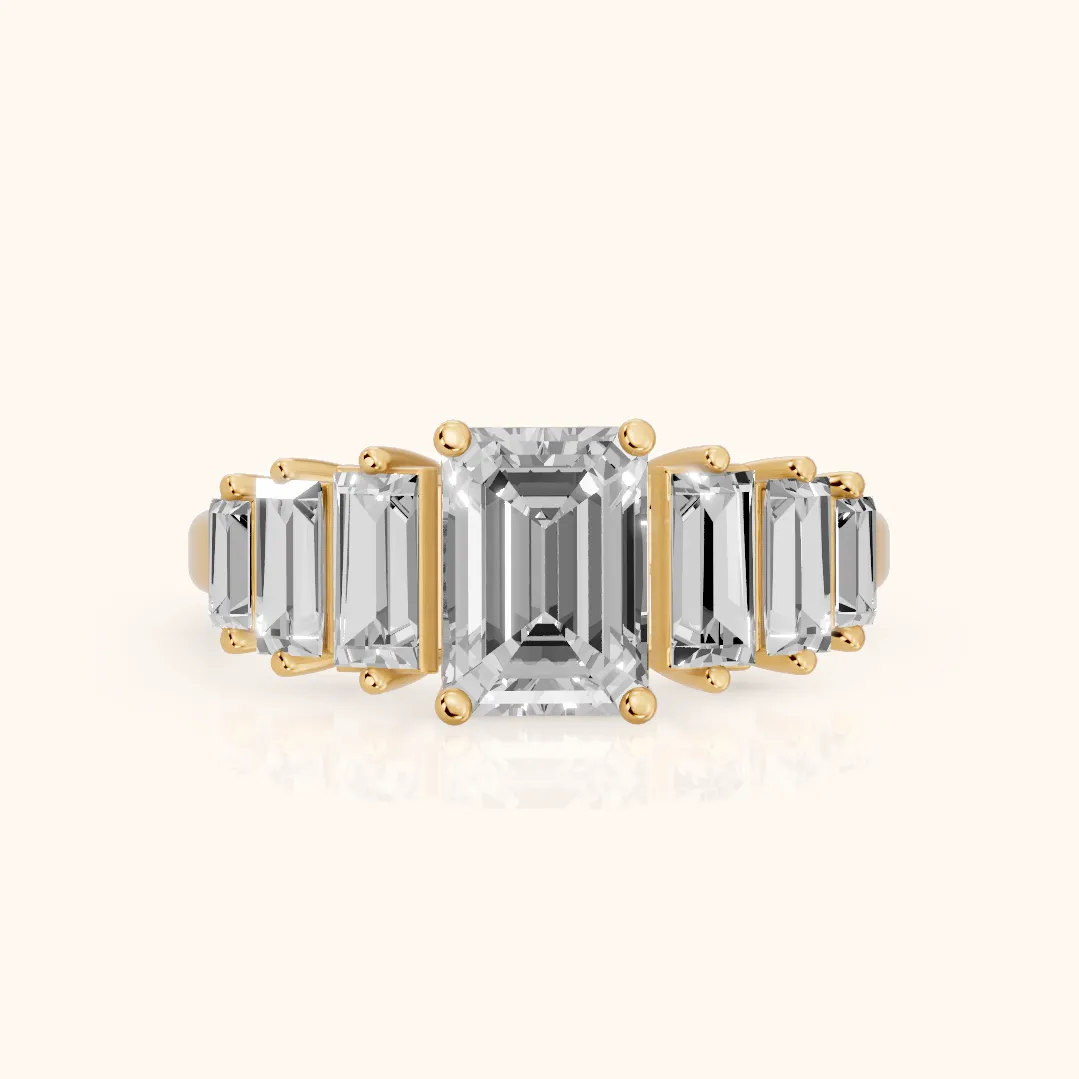 Mara Sidestone Baguette Accent Emerald Diamond Engagement Ring in Yellow Gold — view 2