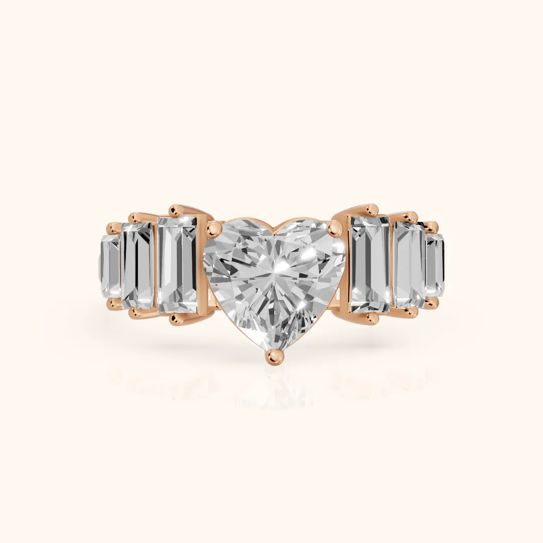Mara Sidestone Baguette Accent Heart Diamond Engagement Ring in Rose Gold — view 2