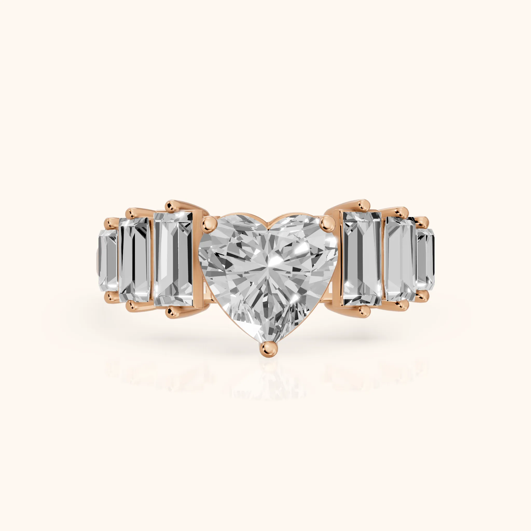 Mara Sidestone Baguette Accent Heart Diamond Engagement Ring in Rose Gold — view 1