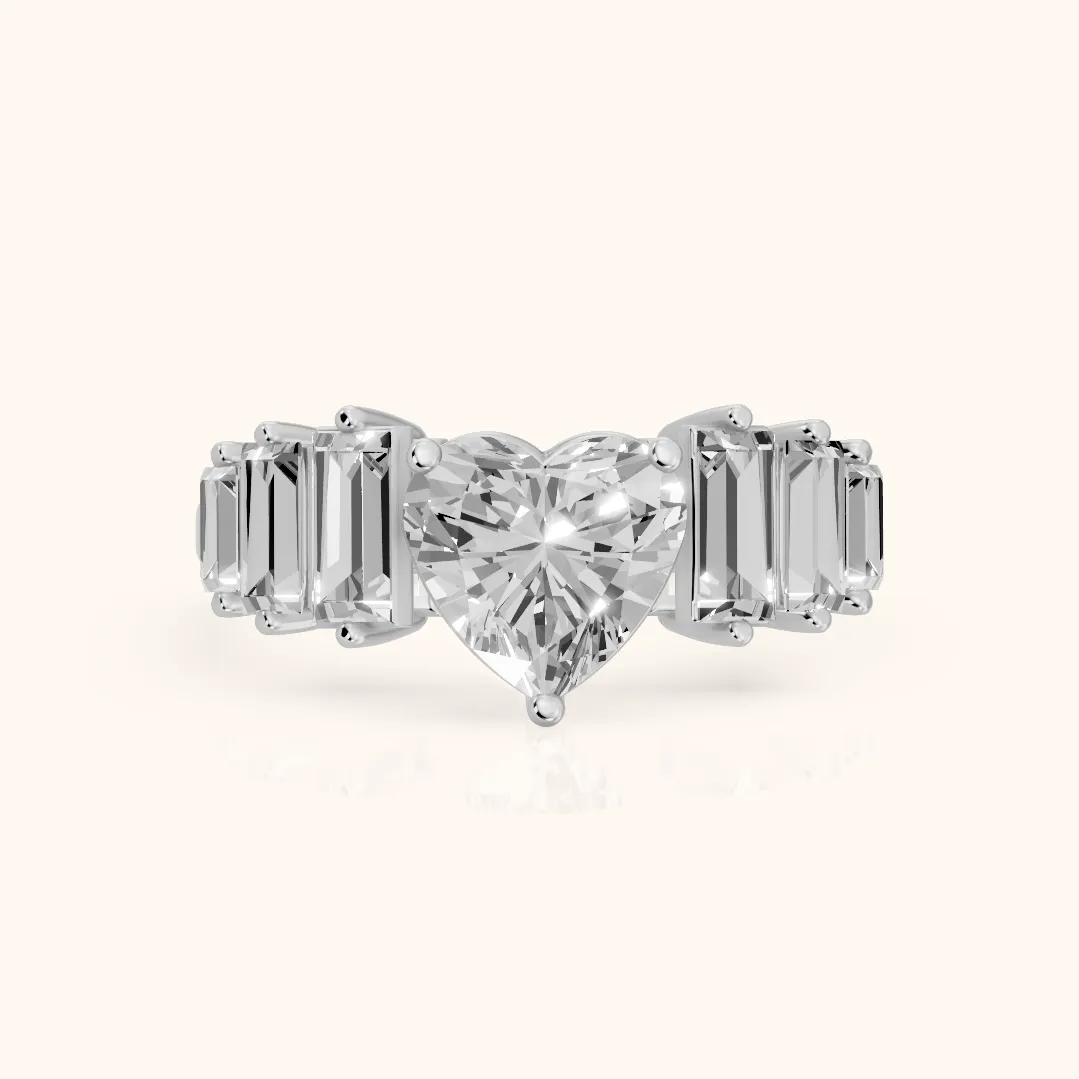 Mara Sidestone Baguette Accent Heart Diamond Engagement Ring in Platinum — view 2