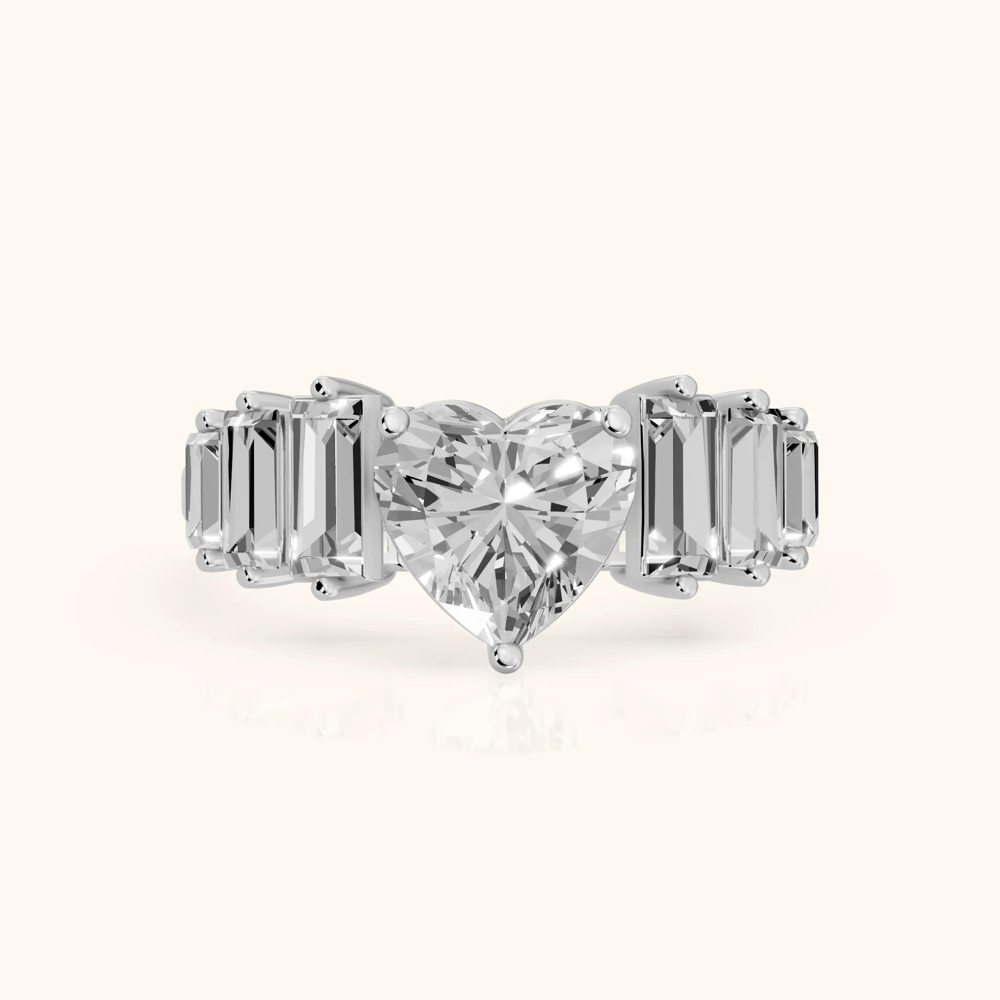 Mara Sidestone Baguette Accent Heart Diamond Engagement Ring in Platinum — view 1