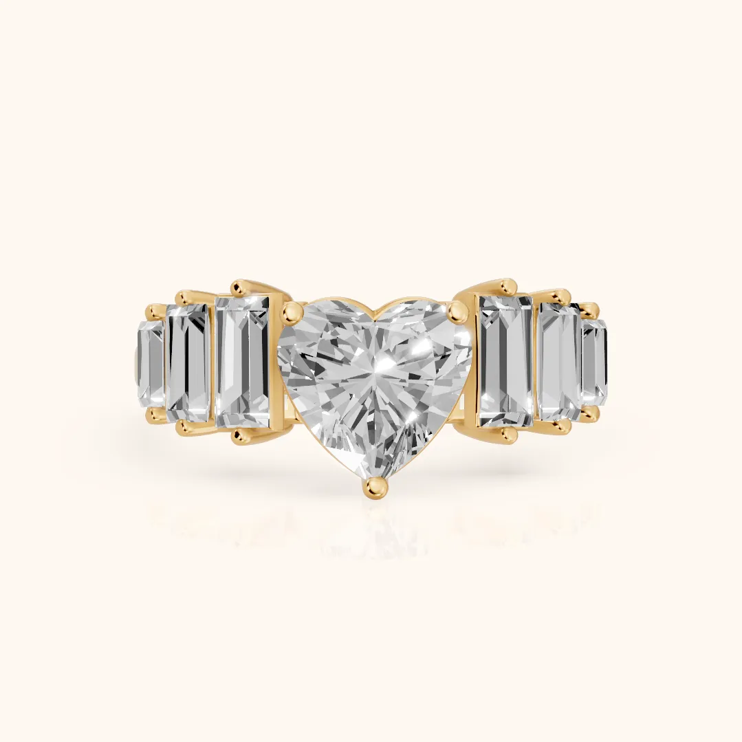 Mara Sidestone Baguette Accent Heart Diamond Engagement Ring in Yellow Gold — view 2