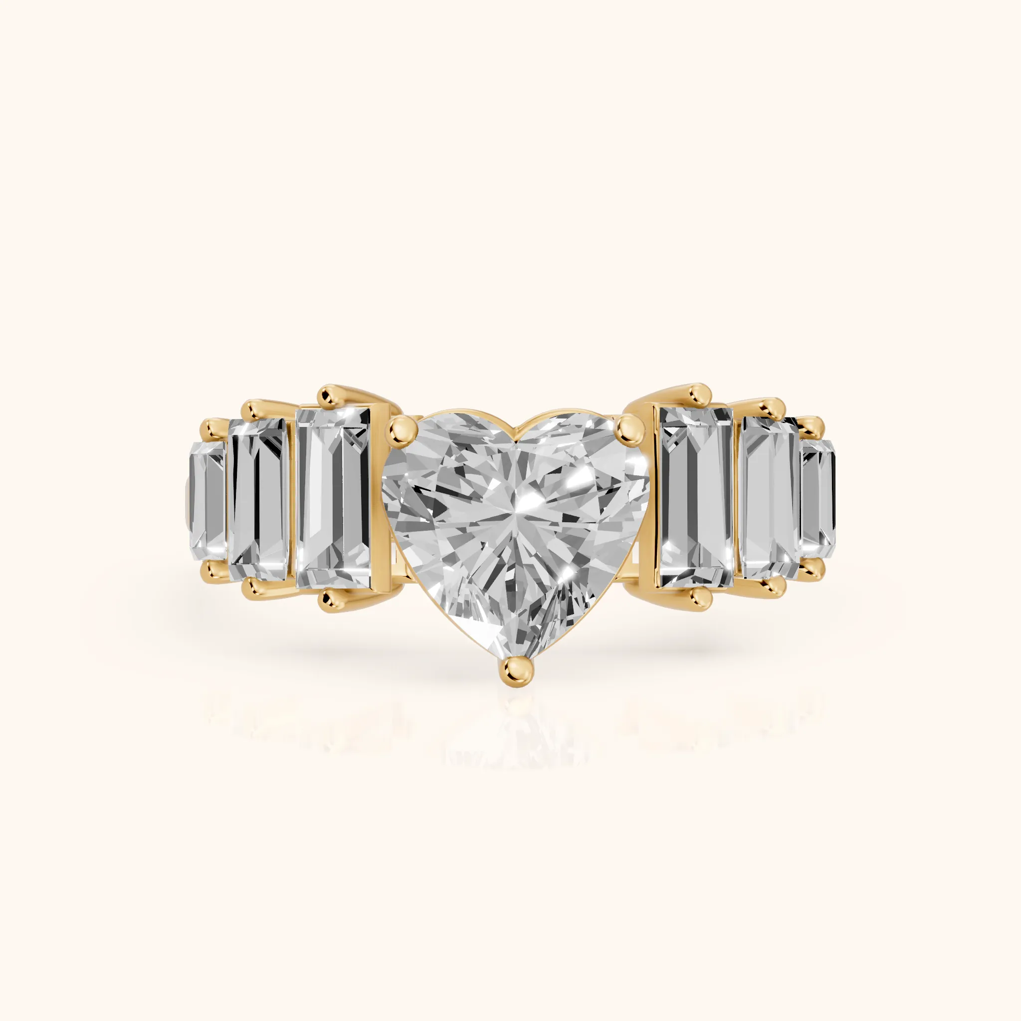 Mara Sidestone Baguette Accent Heart Diamond Engagement Ring in Yellow Gold — view 1