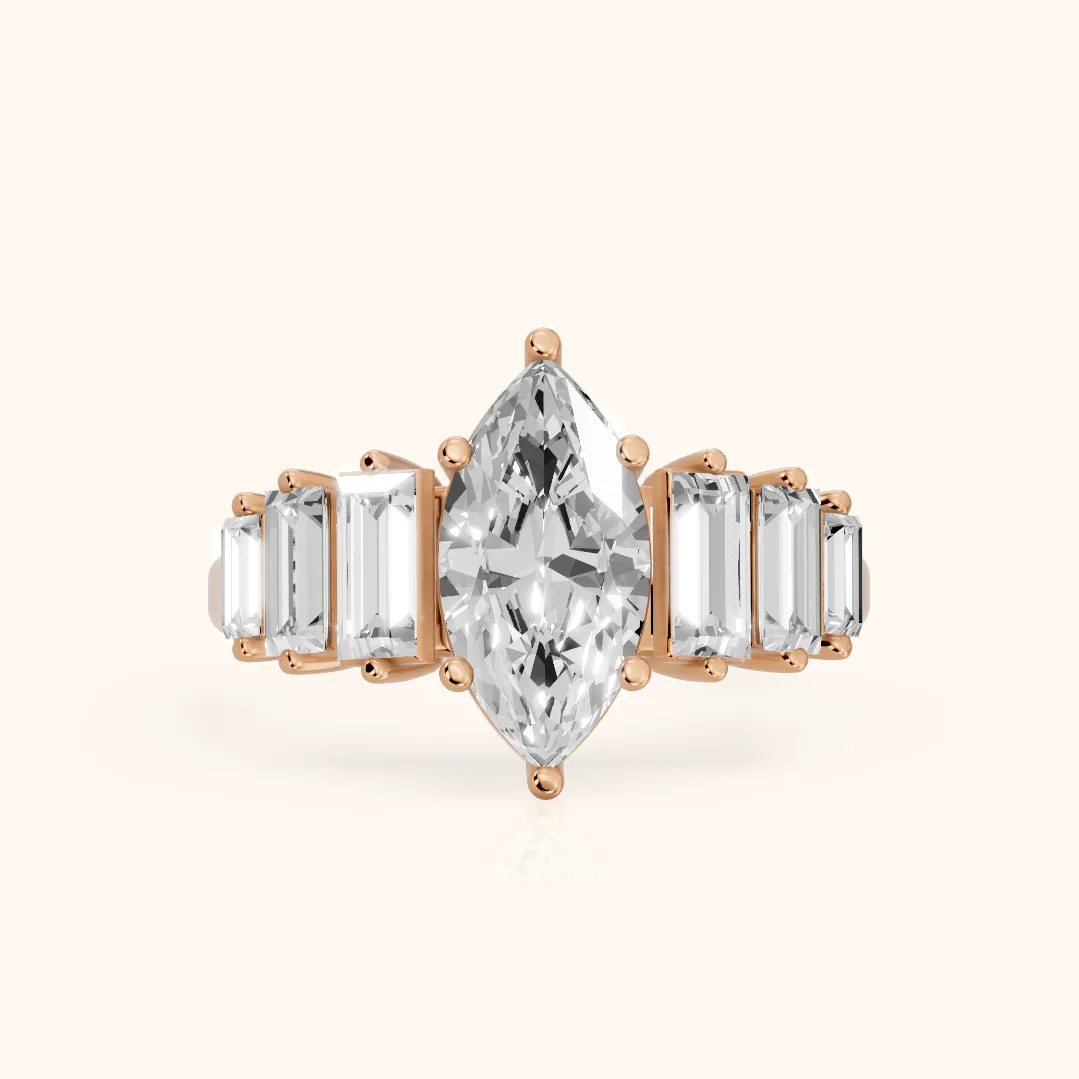 Mara Sidestone Baguette Accent Marquise Diamond Engagement Ring in Rose Gold — view 2