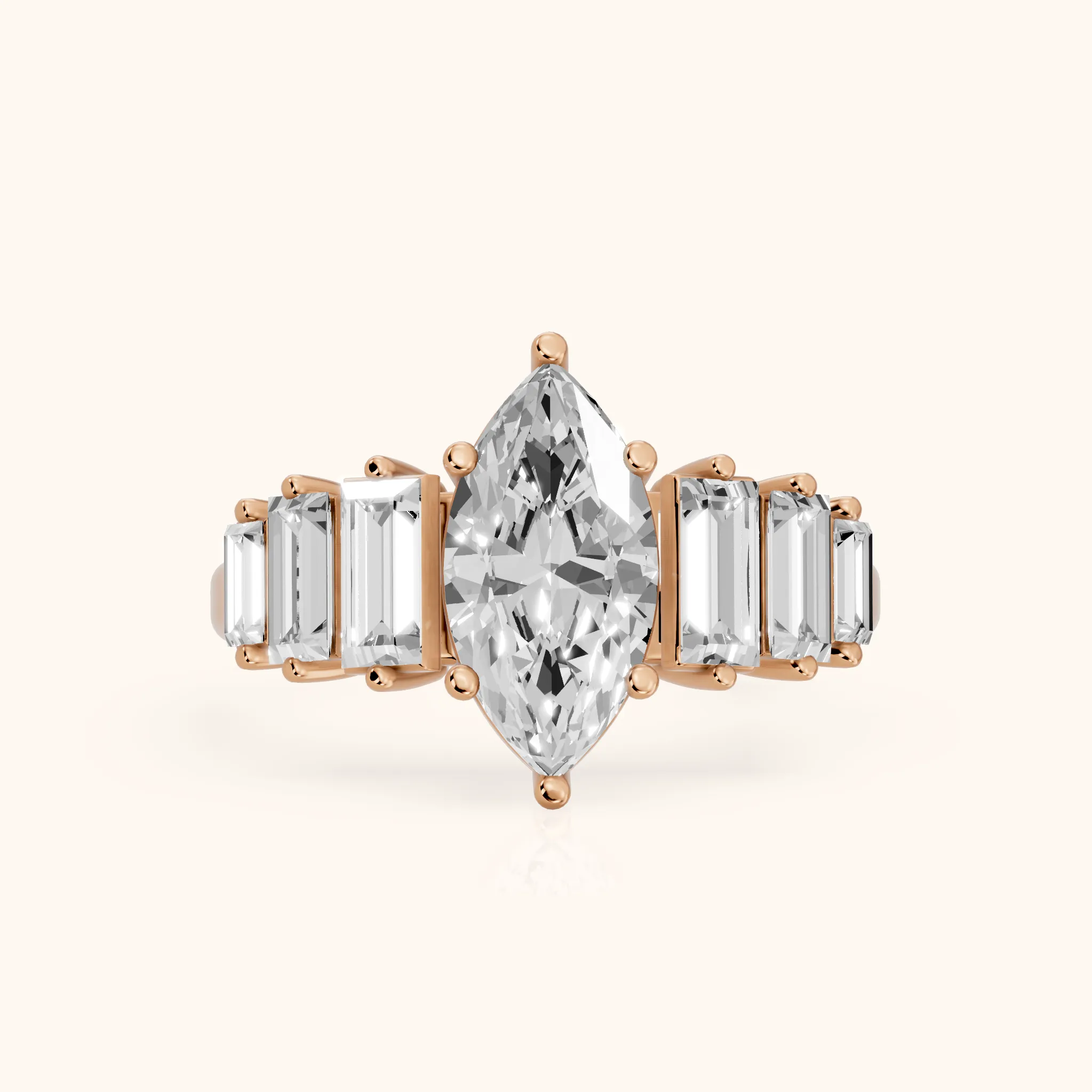 Mara Sidestone Baguette Accent Marquise Diamond Engagement Ring in Rose Gold — view 1