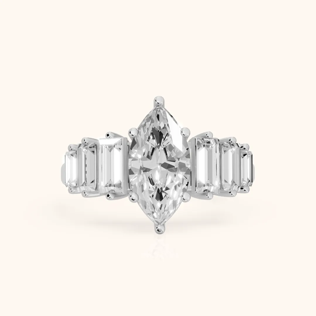 Mara Sidestone Baguette Accent Marquise Diamond Engagement Ring in Platinum — view 2