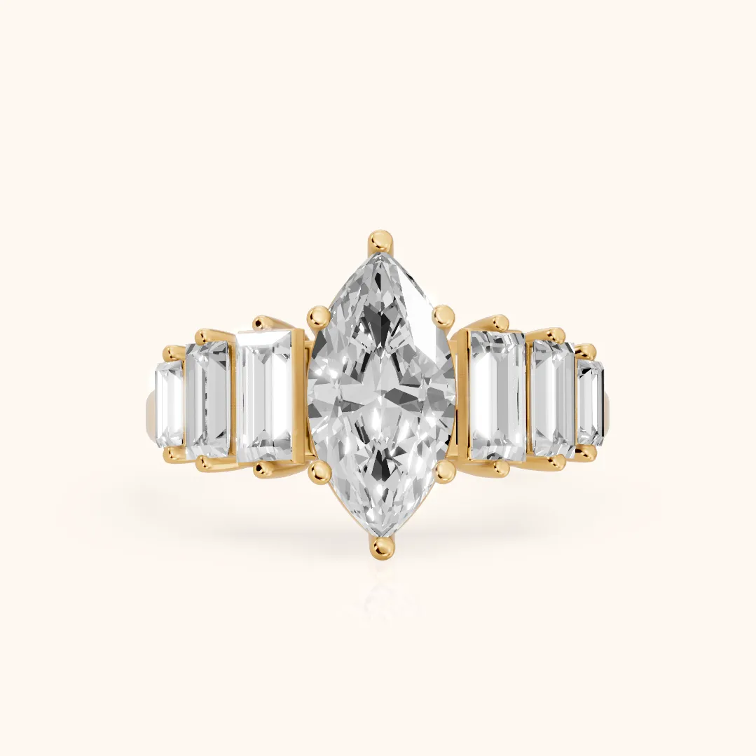 Mara Sidestone Baguette Accent Marquise Diamond Engagement Ring in Yellow Gold — view 2