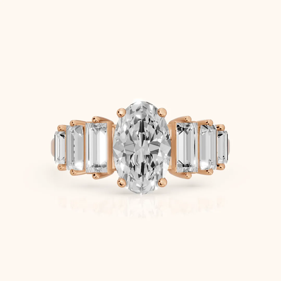 Mara Sidestone Baguette Accent Oval Diamond Engagement Ring in Rose Gold — view 2
