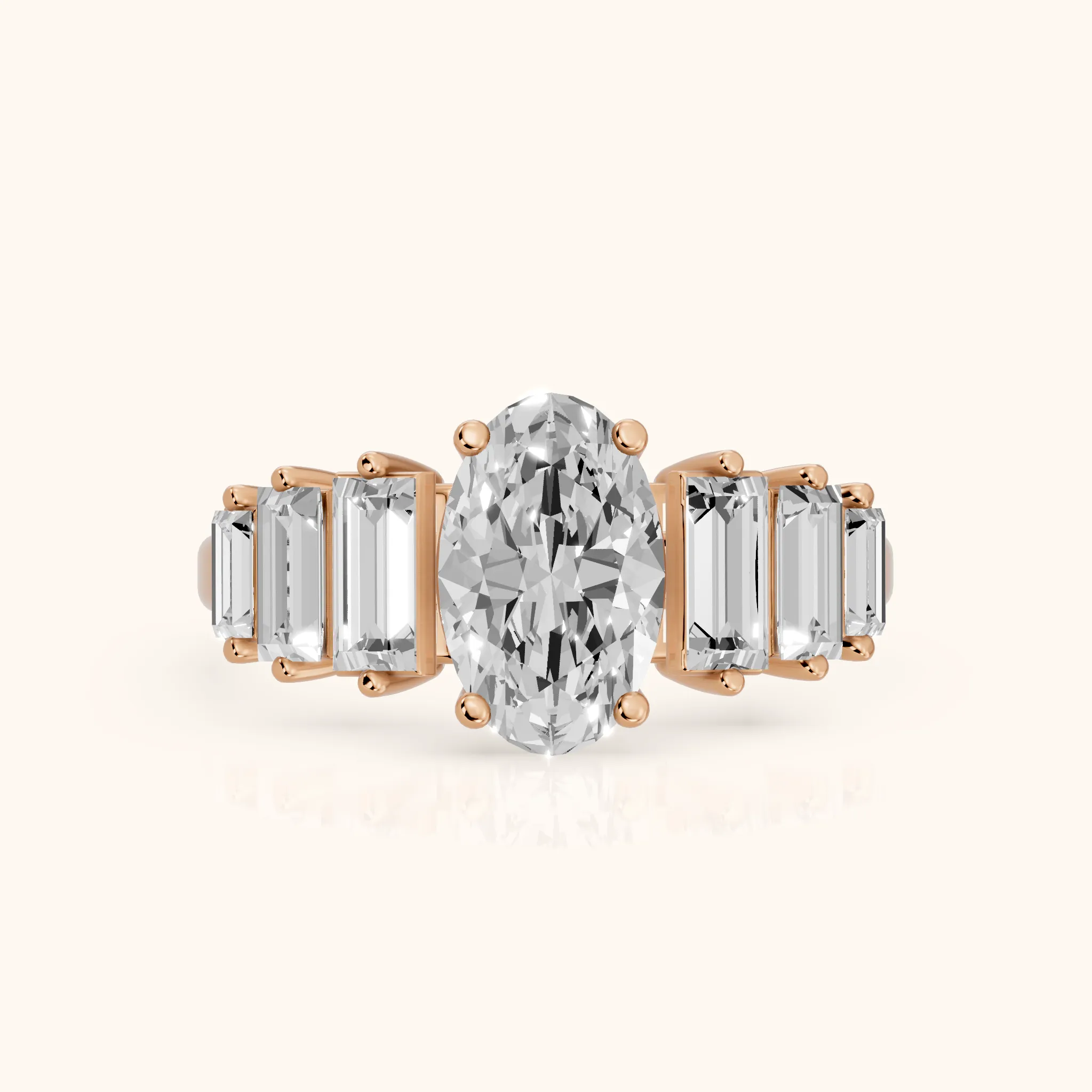 Mara Sidestone Baguette Accent Oval Diamond Engagement Ring in Rose Gold — view 1