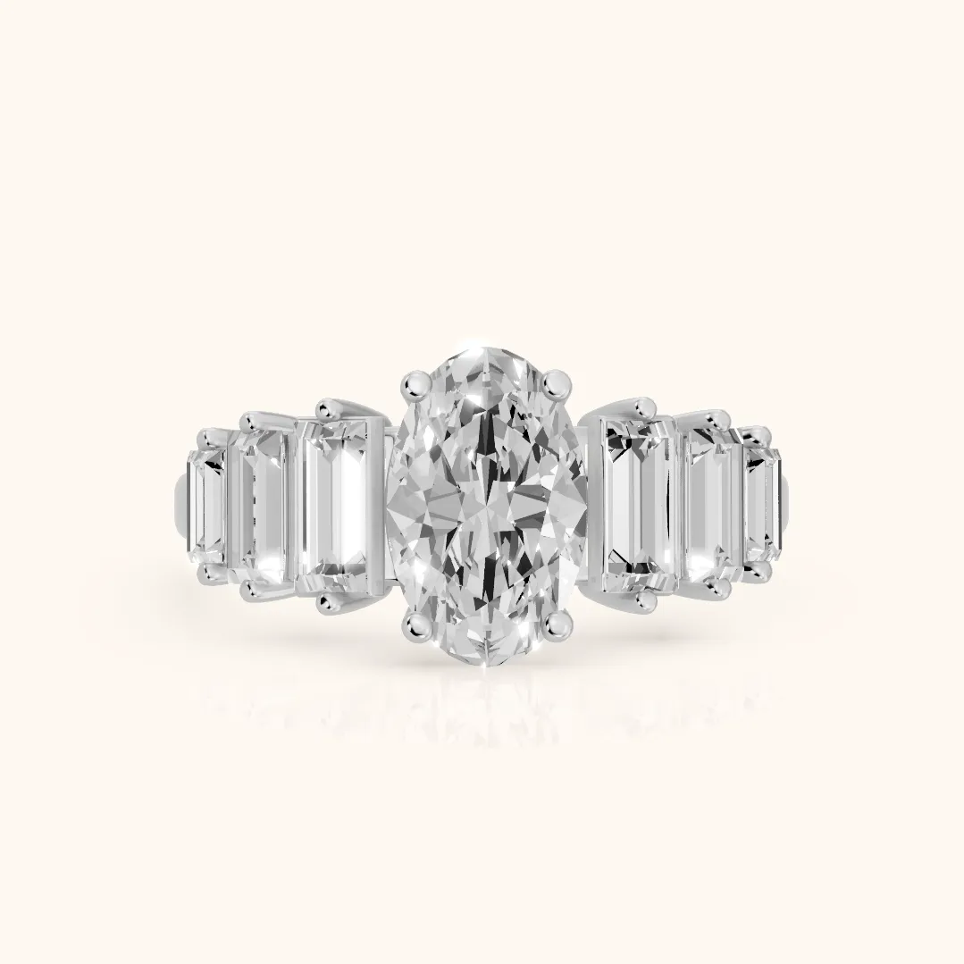 Mara Sidestone Baguette Accent Oval Diamond Engagement Ring in Platinum — view 2
