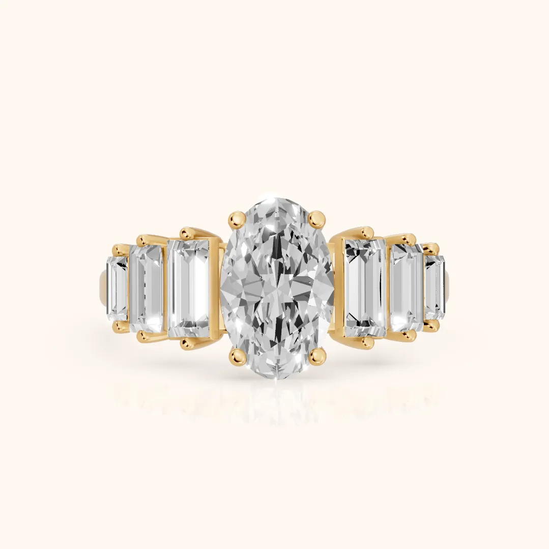 Mara Sidestone Baguette Accent Oval Diamond Engagement Ring in Yellow Gold — view 2