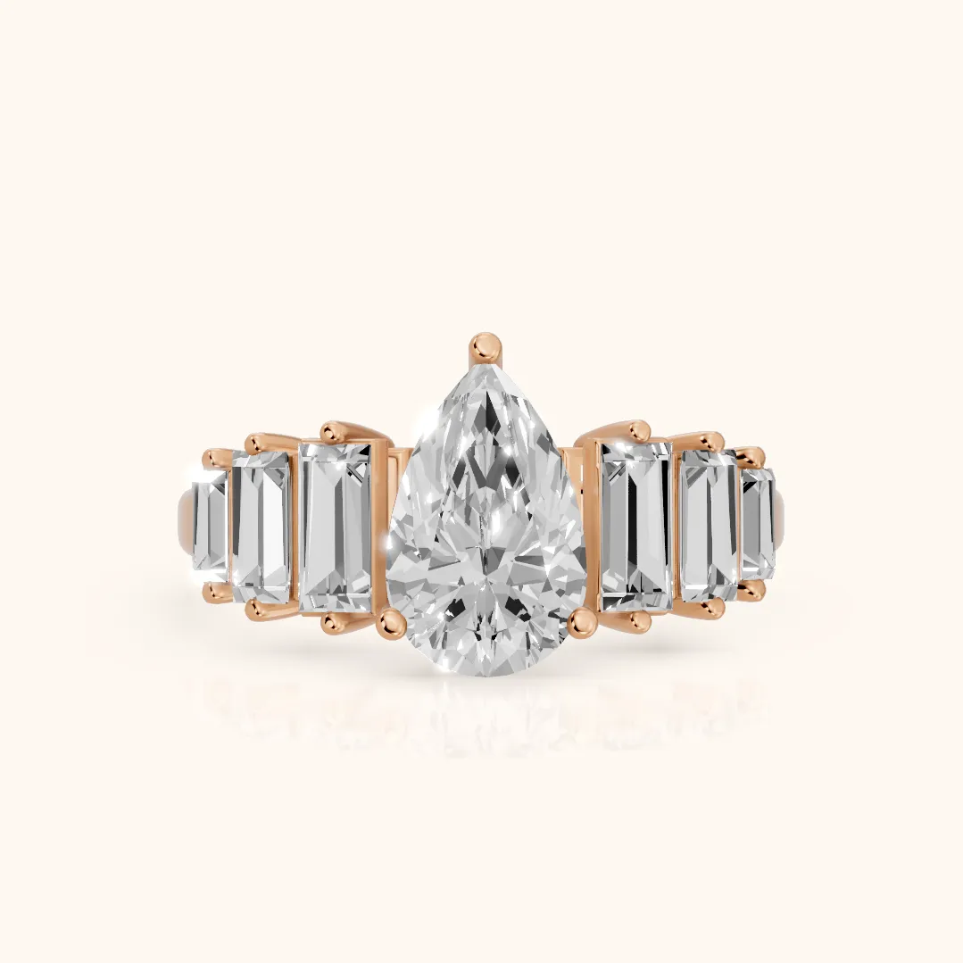 Mara Sidestone Baguette Accent Pear Diamond Engagement Ring in Rose Gold — view 2