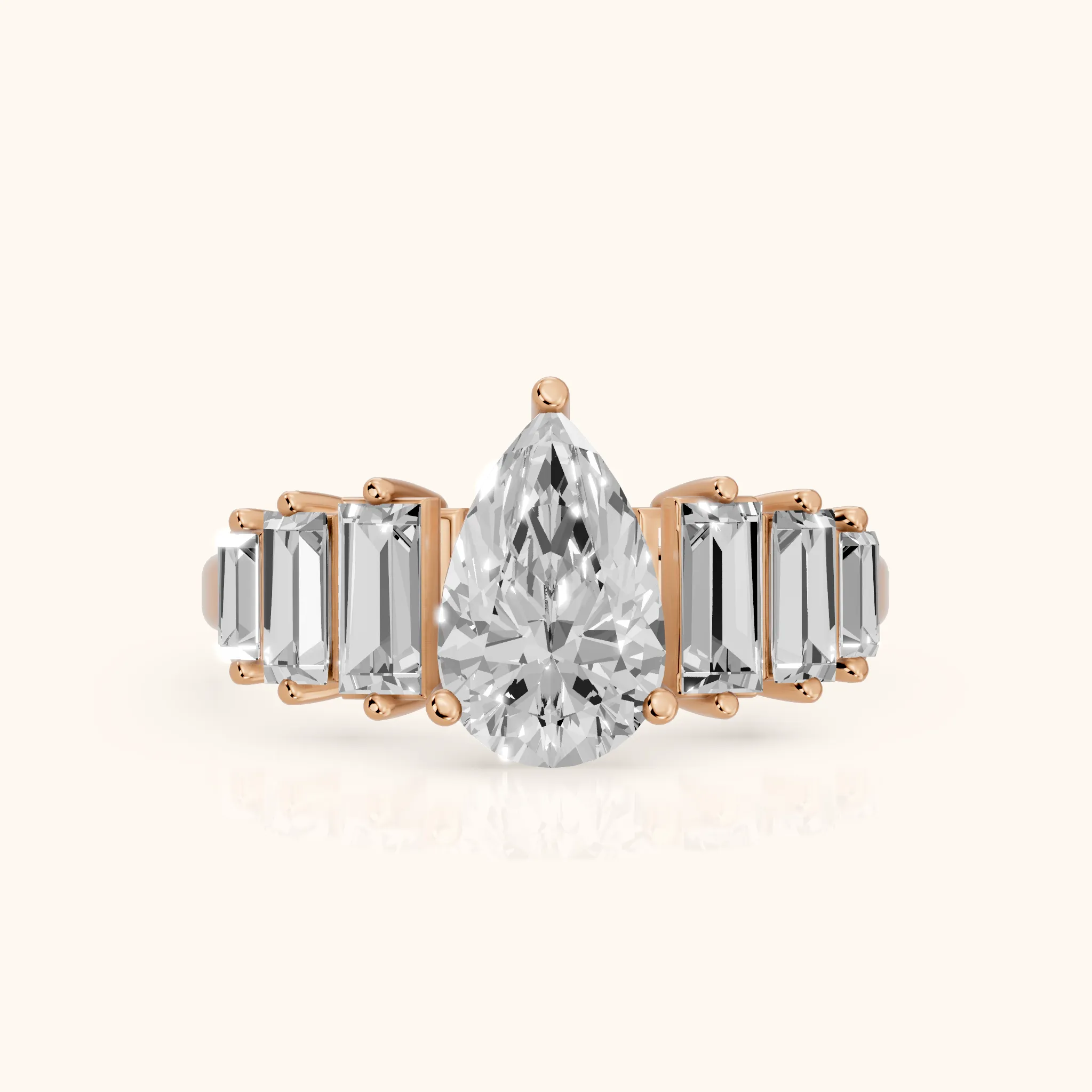 Mara Sidestone Baguette Accent Pear Diamond Engagement Ring in Rose Gold — view 1